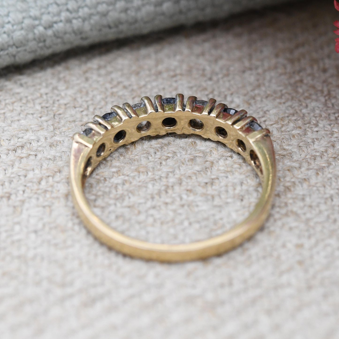 Vintage 9ct Gold Sapphire and CZ Half Eternity Ring 1990 - Half Hoop Alternate Blue White Gem Stacking Ring | UK Size - L | US Size - 5 3/4