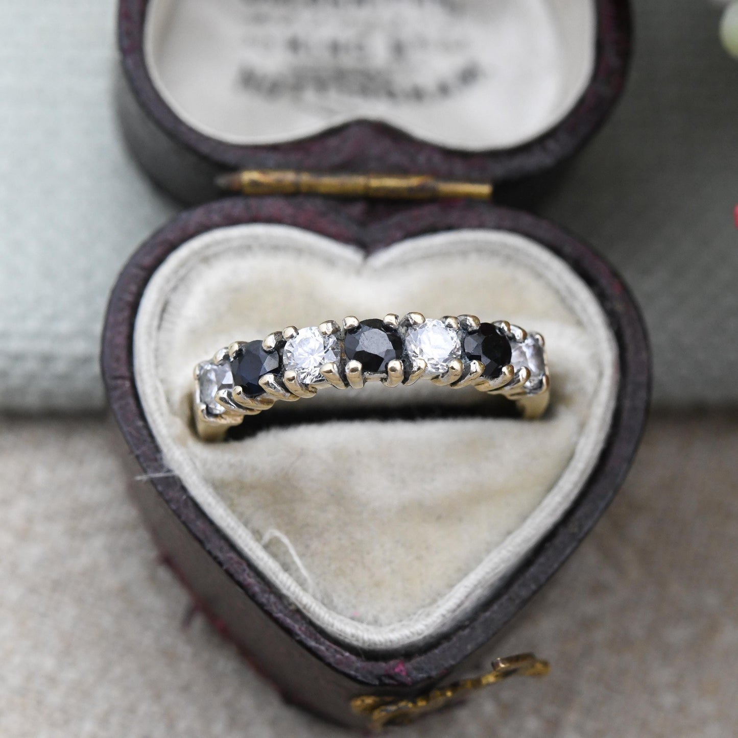 Vintage 9ct Gold Sapphire and CZ Half Eternity Ring 1990 - Half Hoop Alternate Blue White Gem Stacking Ring | UK Size - L | US Size - 5 3/4