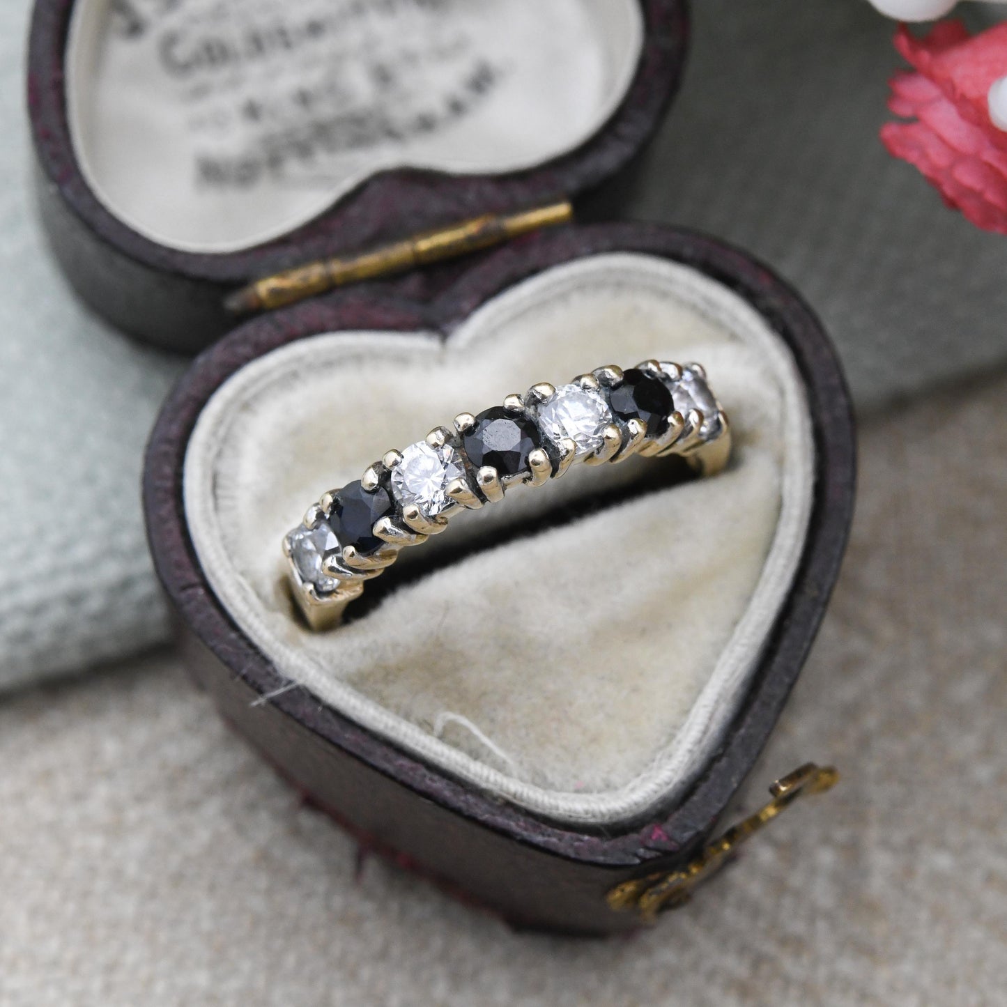 Vintage 9ct Gold Sapphire and CZ Half Eternity Ring 1990 - Half Hoop Alternate Blue White Gem Stacking Ring | UK Size - L | US Size - 5 3/4