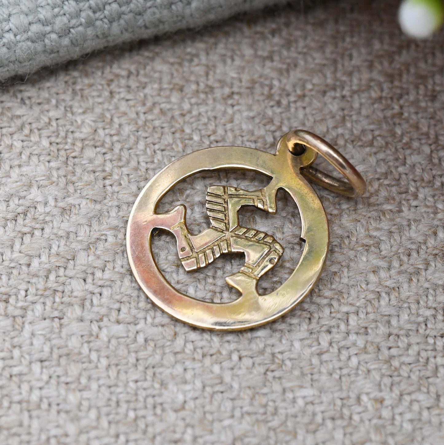 Antique 9ct Gold Isle of Man Charm Pendant Triskelion Three Legs - Yellow Gold Engraved Charm Souvenir Gift for Charm Bracelet Manx Mann
