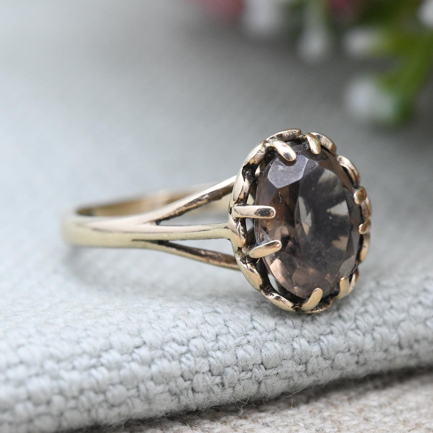 Vintage 9ct Gold Smoky Quartz Statement Ring 1976 by Toye Kenning & Spencer - Mid-Century Large Brown Gemstone | UK Size - O US Size - 7 1/4