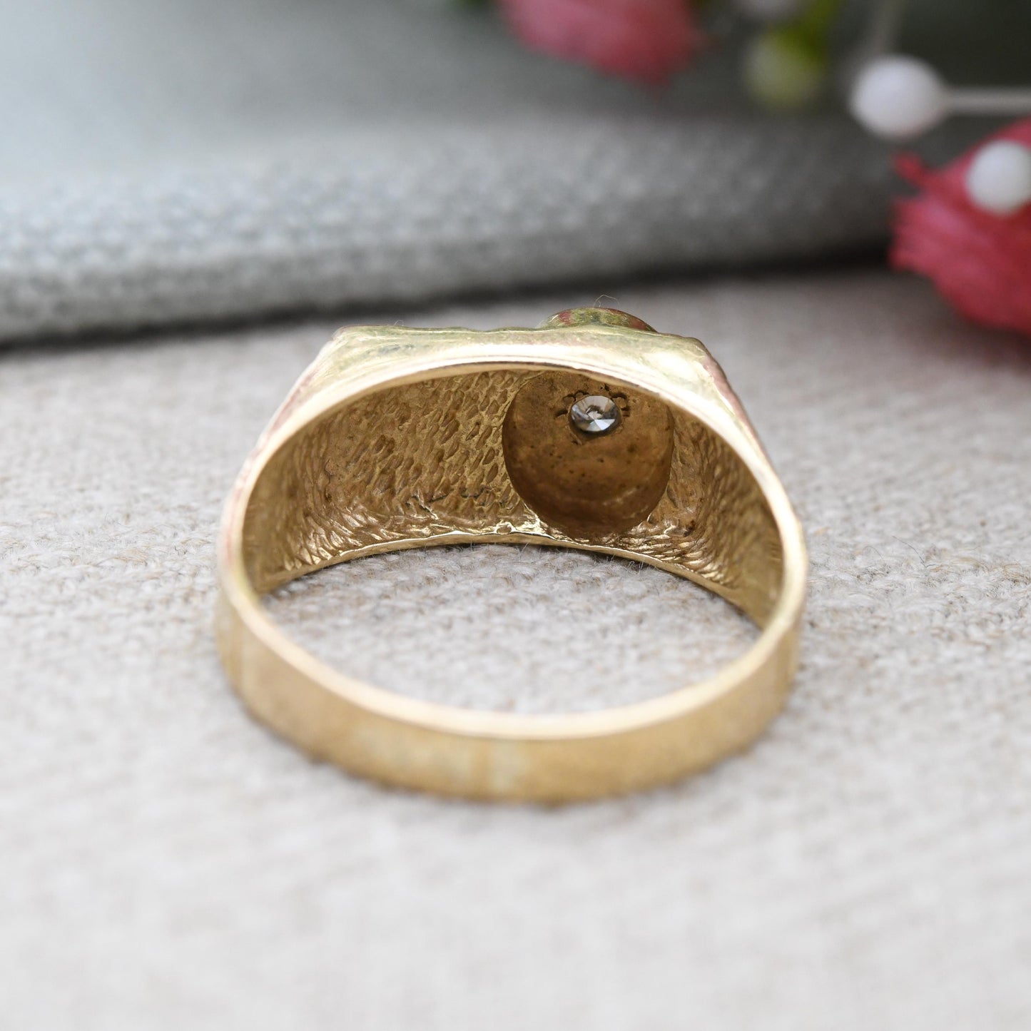 Vintage 9ct Gold Diamond Signet Ring 1980 Textured Nugget Starburst - White Gold Yellow Gold Jewellery Gift | UK Size - R | US Size - 8 1/2