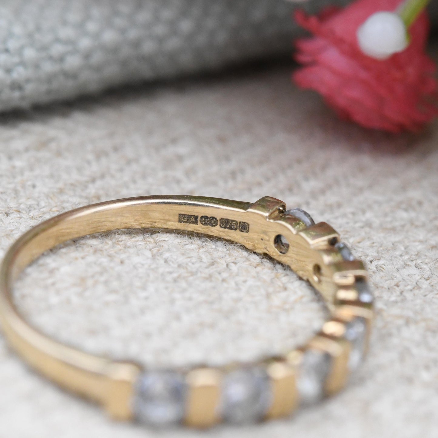 Vintage 9ct Gold CZ Half Hoop Ring Bar Set Half Eternity - Anniversary Jewellery Gift Stacker Stacking Ring | UK Size - P | US Size - 7 1/2