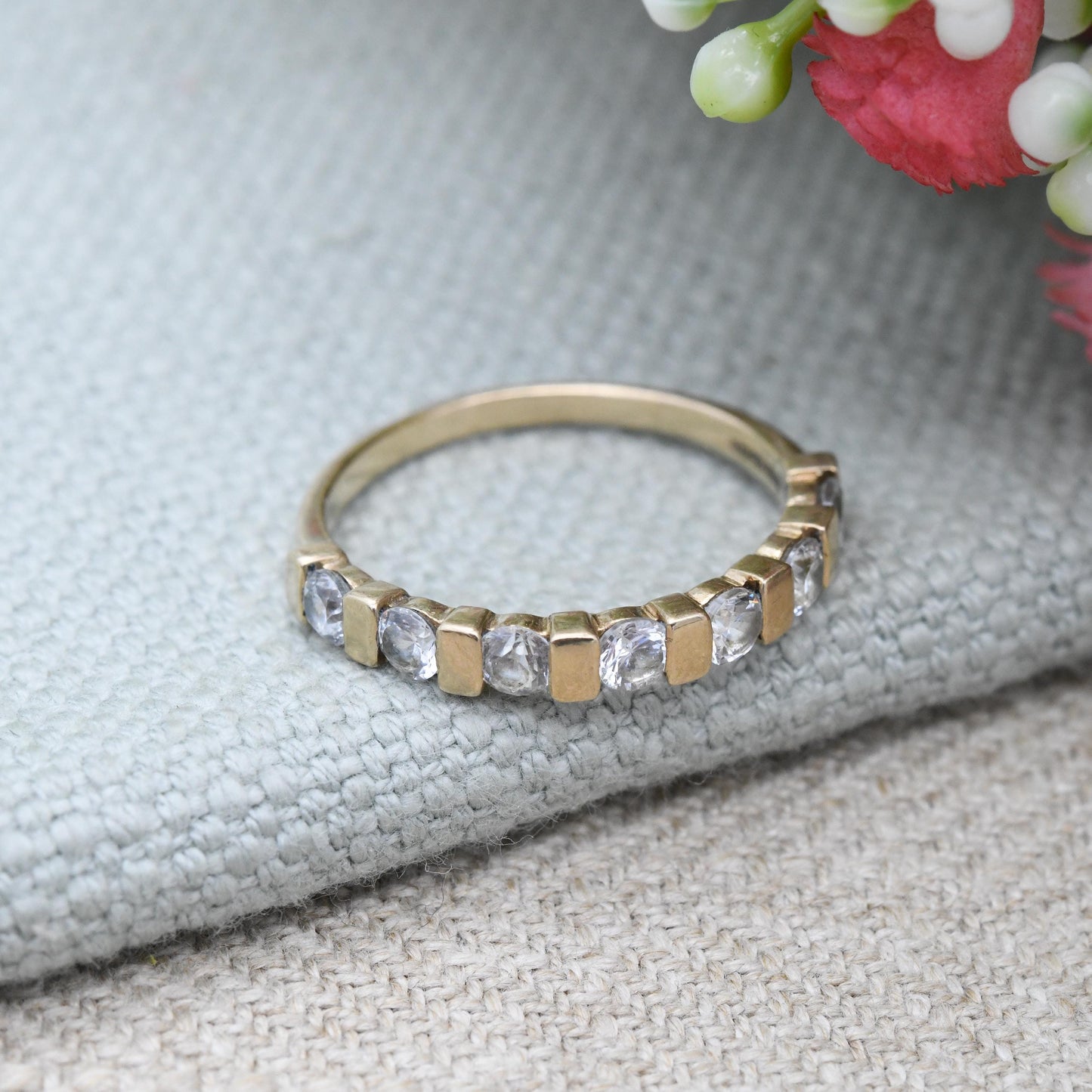 Vintage 9ct Gold CZ Half Hoop Ring Bar Set Half Eternity - Anniversary Jewellery Gift Stacker Stacking Ring | UK Size - P | US Size - 7 1/2