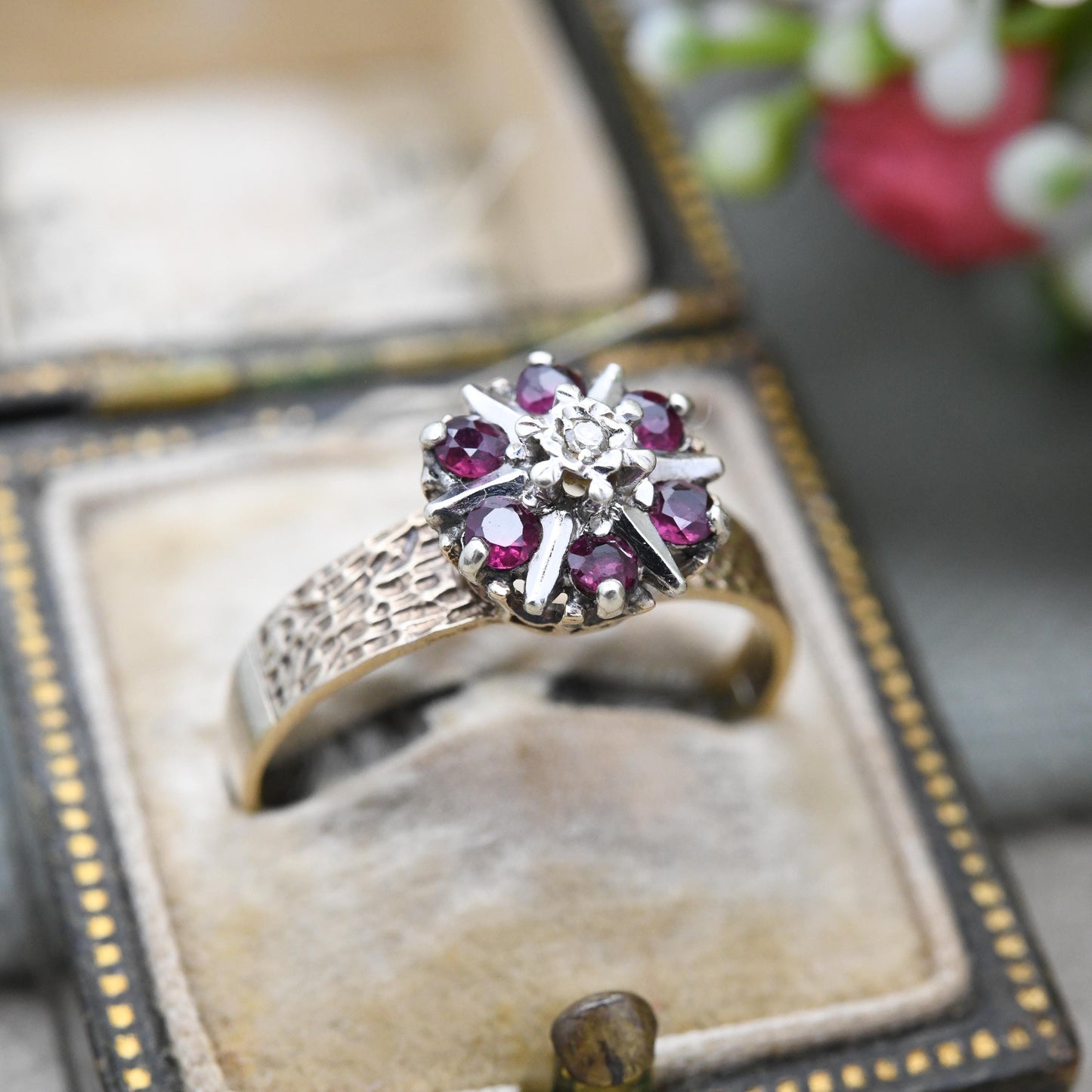 Vintage 9ct Gold Ruby Diamond Floral Cluster Ring 1976 Mid-Century - Textured Shoulders Flower | White Gold | UK Size - P | US Size - 7 3/4
