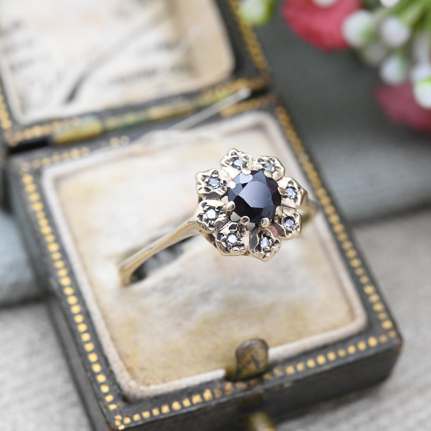Vintage 9ct Gold Diamond Sapphire Floral Halo Ring 1982 - Flower Shaped Statement Deep Blue Engagement | UK Size - S 1/2 | US Size - 9 1/4