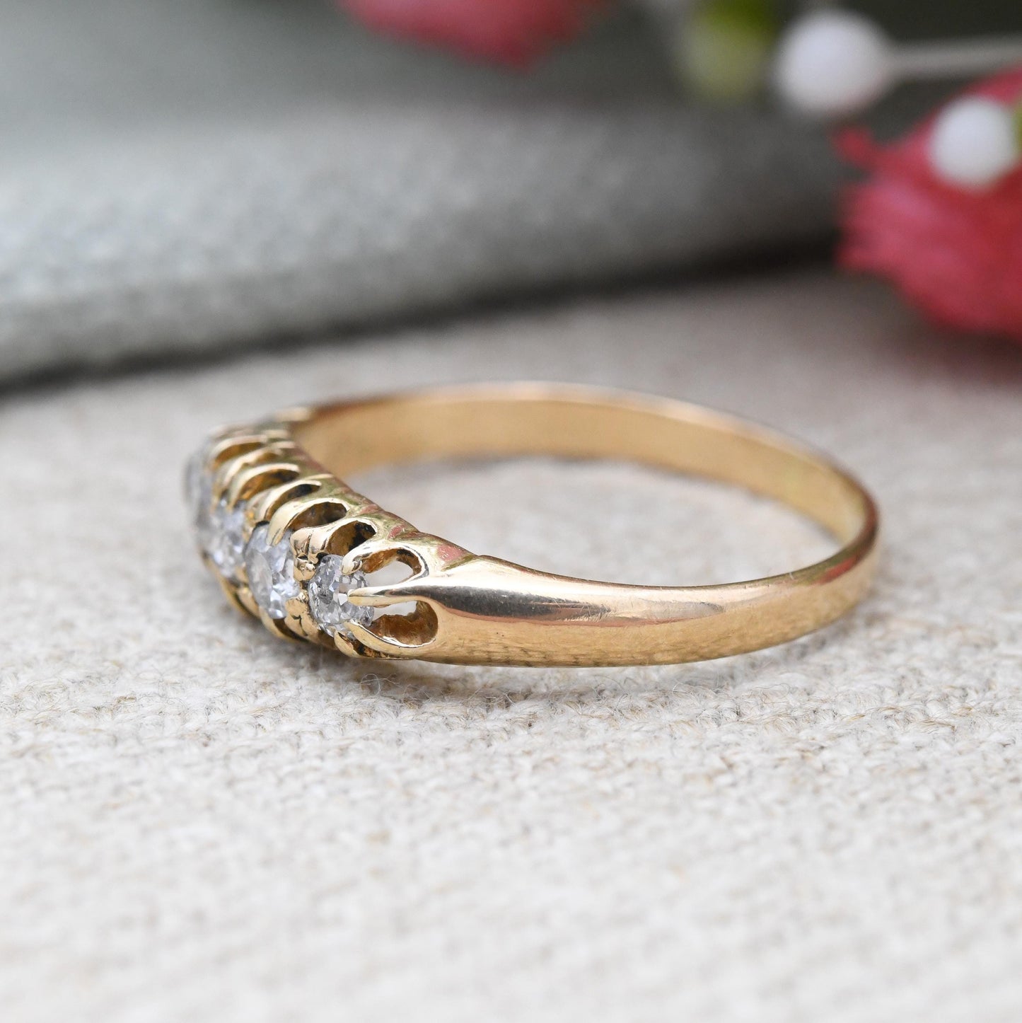 Antique 18ct Gold Old Cut Diamond Boat Ring Edwardian Period - 20th Century Pretty Five Stone Ring Engagement | UK Size - P US Size - 7 3/4