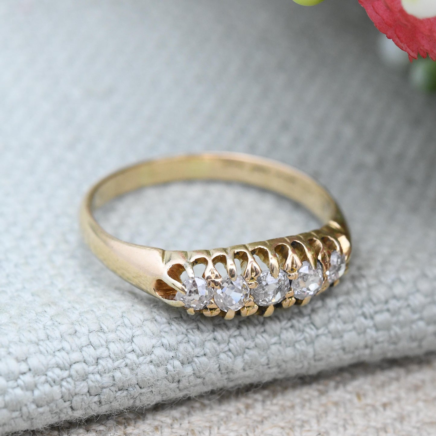 Antique 18ct Gold Old Cut Diamond Boat Ring Edwardian Period - 20th Century Pretty Five Stone Ring Engagement | UK Size - P US Size - 7 3/4