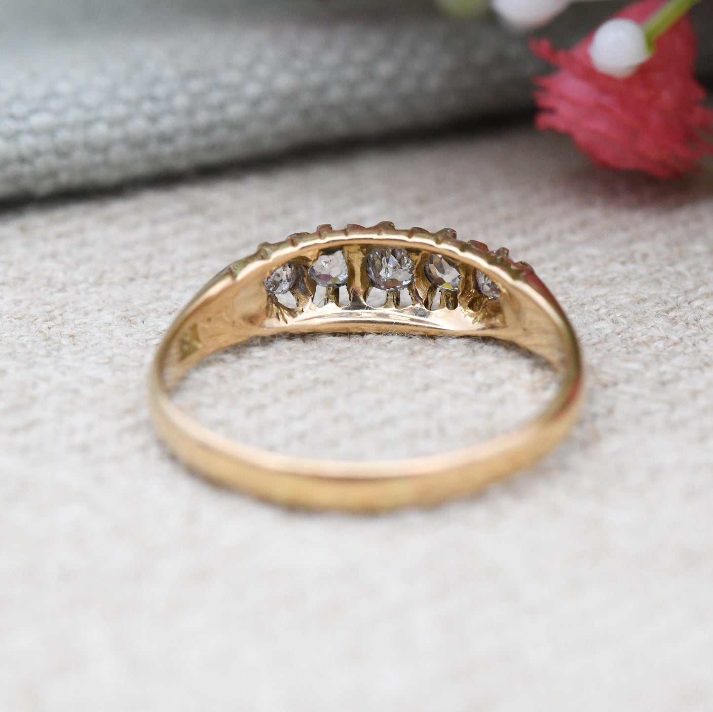 Antique 18ct Gold Old Cut Diamond Boat Ring Edwardian Period - 20th Century Pretty Five Stone Ring Engagement | UK Size - P US Size - 7 3/4
