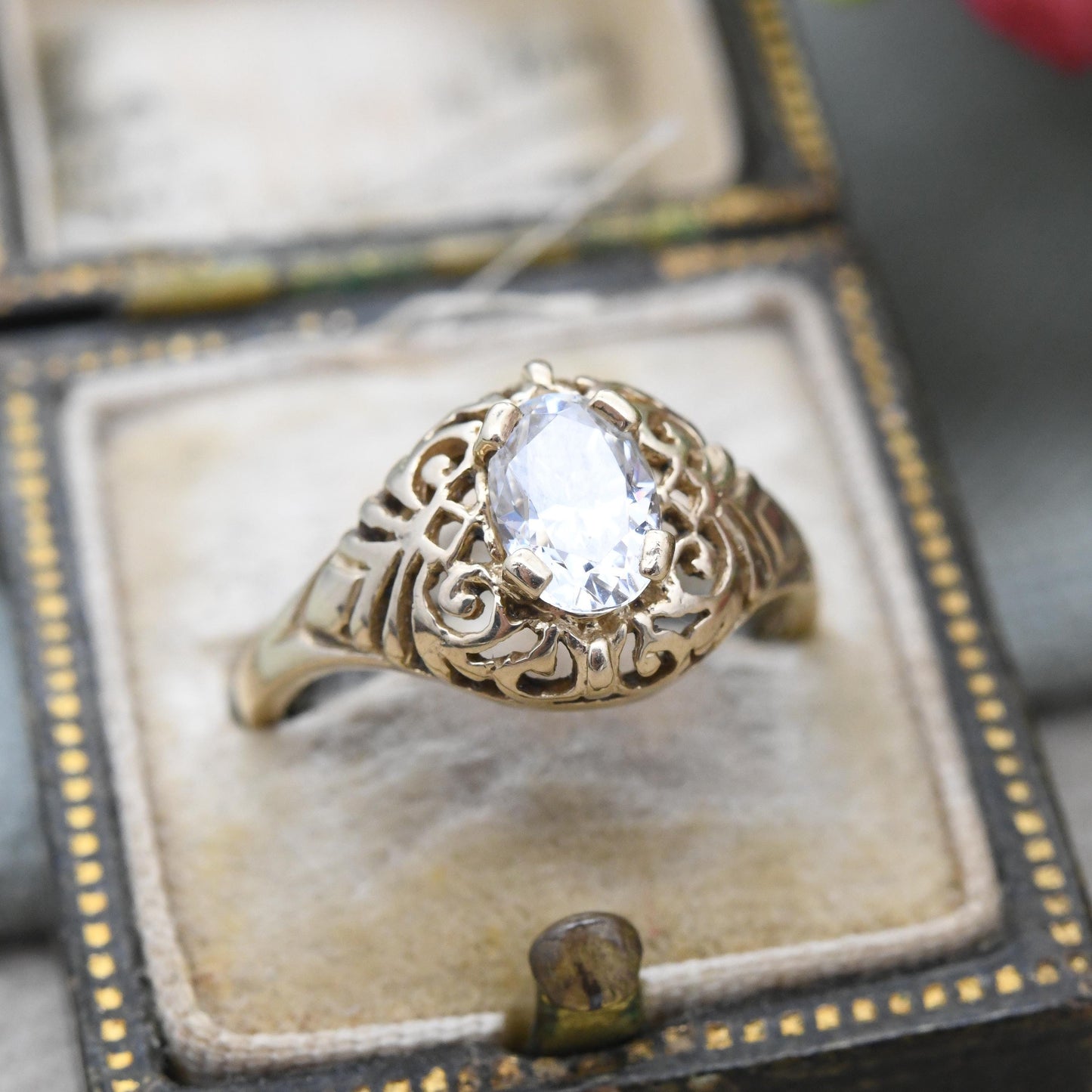 14ct Gold CZ Oval Solitaire Ring with Openwork Scrolling Boule - Sparkly Clear Stone Delicate Jewellery Gift | UK Size - L | US Size - 5 3/4