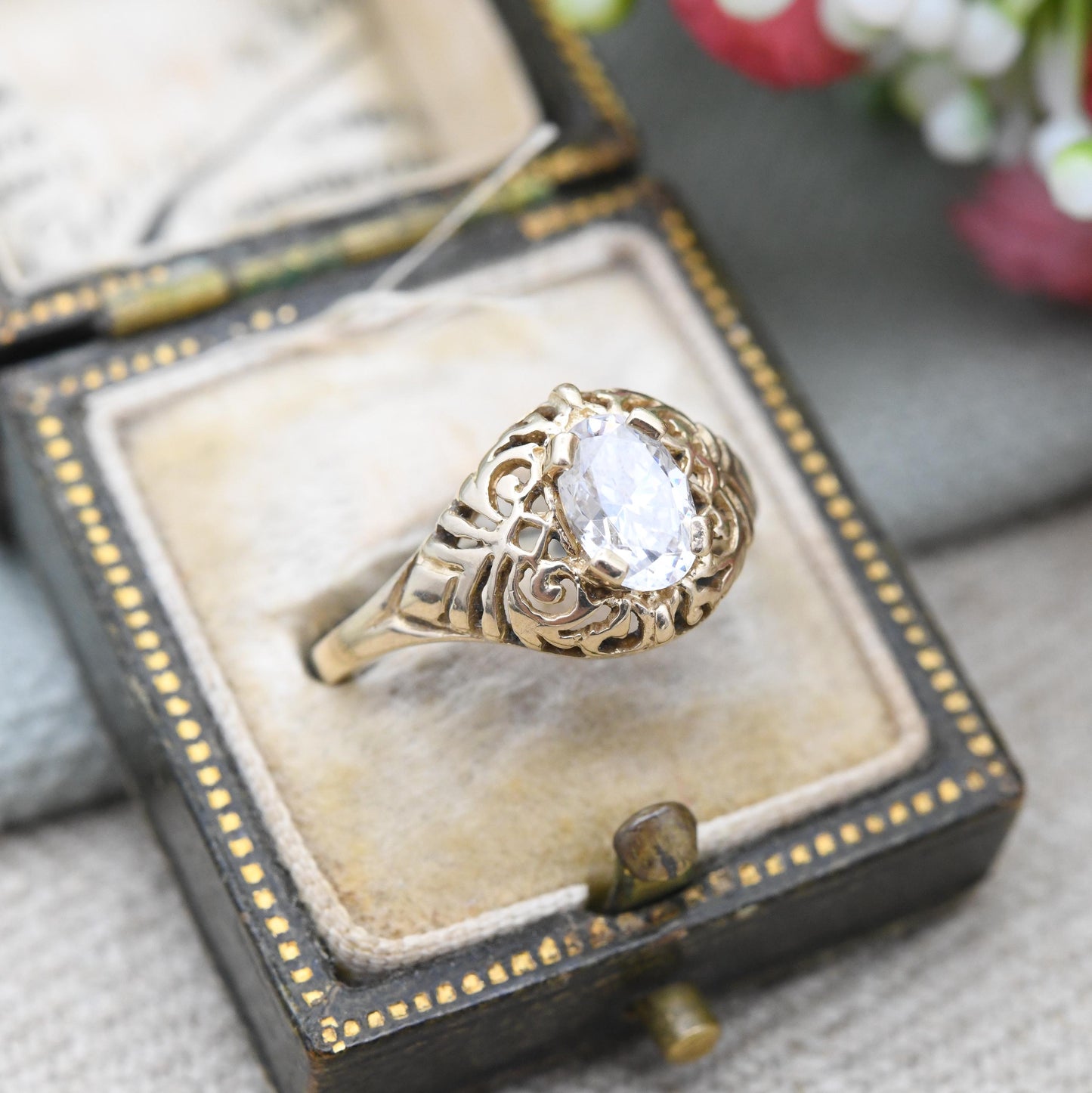 14ct Gold CZ Oval Solitaire Ring with Openwork Scrolling Boule - Sparkly Clear Stone Delicate Jewellery Gift | UK Size - L | US Size - 5 3/4