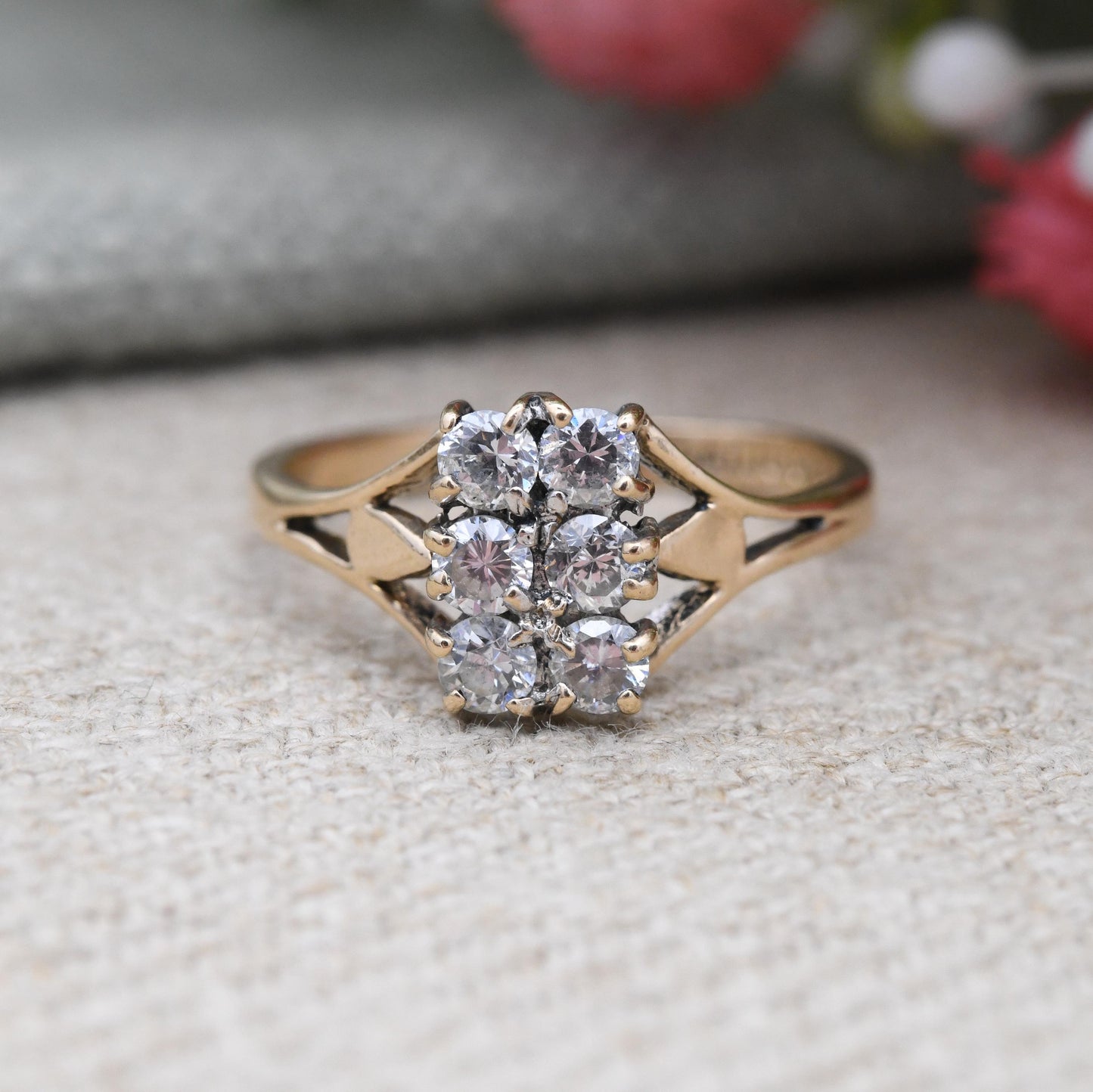Vintage 9ct Gold CZ Plaque Ring 1982 - Rectangle Shape Setting Pave Ring Solid Gold Jewellery Gift for Her | UK Size - L | US Size - 5 3/4