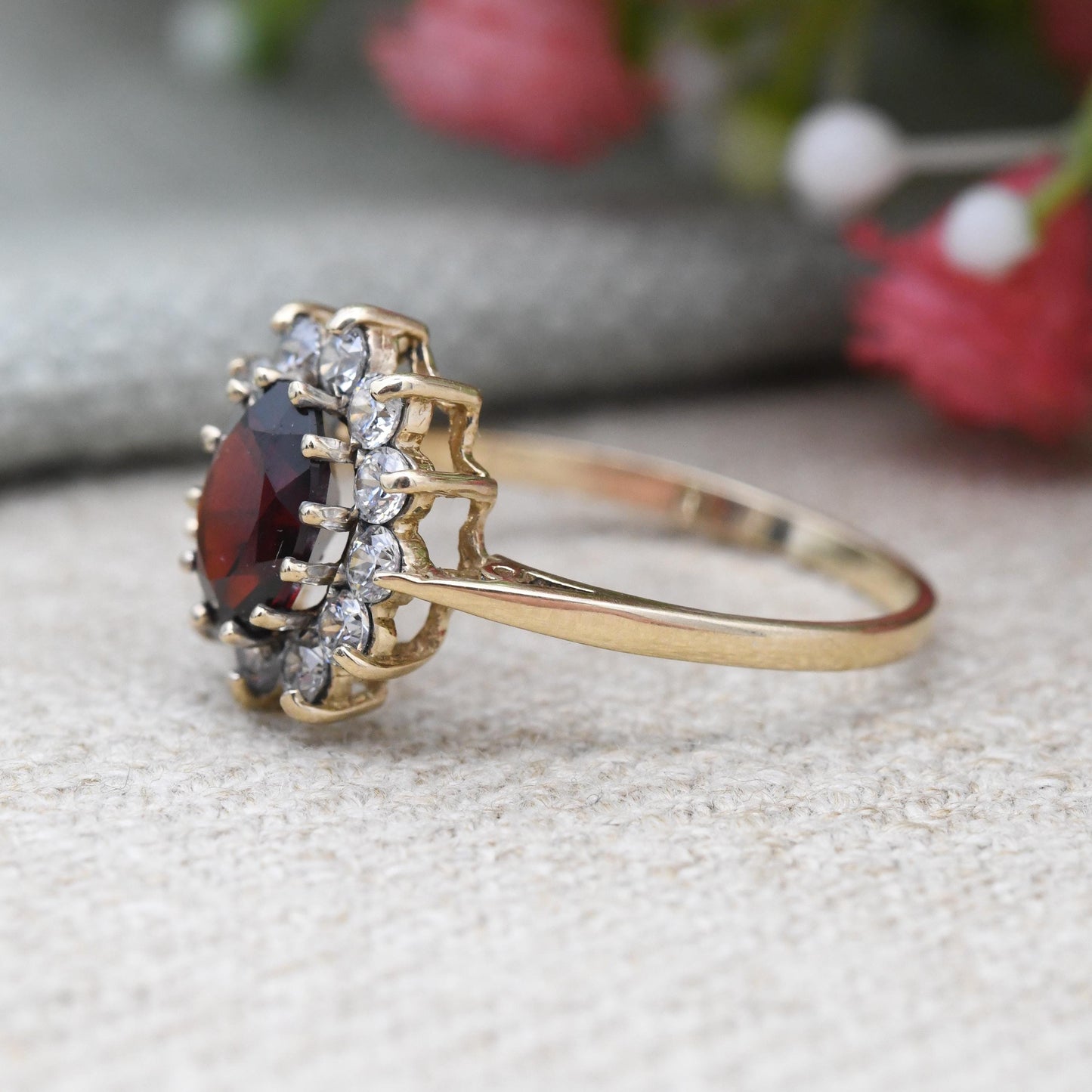 Vintage 9ct Gold Garnet Floral Cluster Ring with Clear Stone Halo c. 1980s - Cocktail Statement Dress Ring | UK Size - R | US Size - 8 1/2