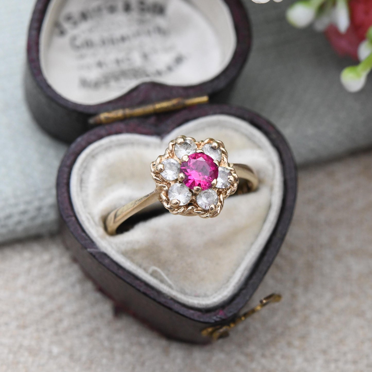 Vintage 9ct Gold Ruby Daisy Ring 1972 with Clear Stone Halo - Floral Cluster Pretty Gold Jewellery Gift for Her | UK Size - O | US Size - 7
