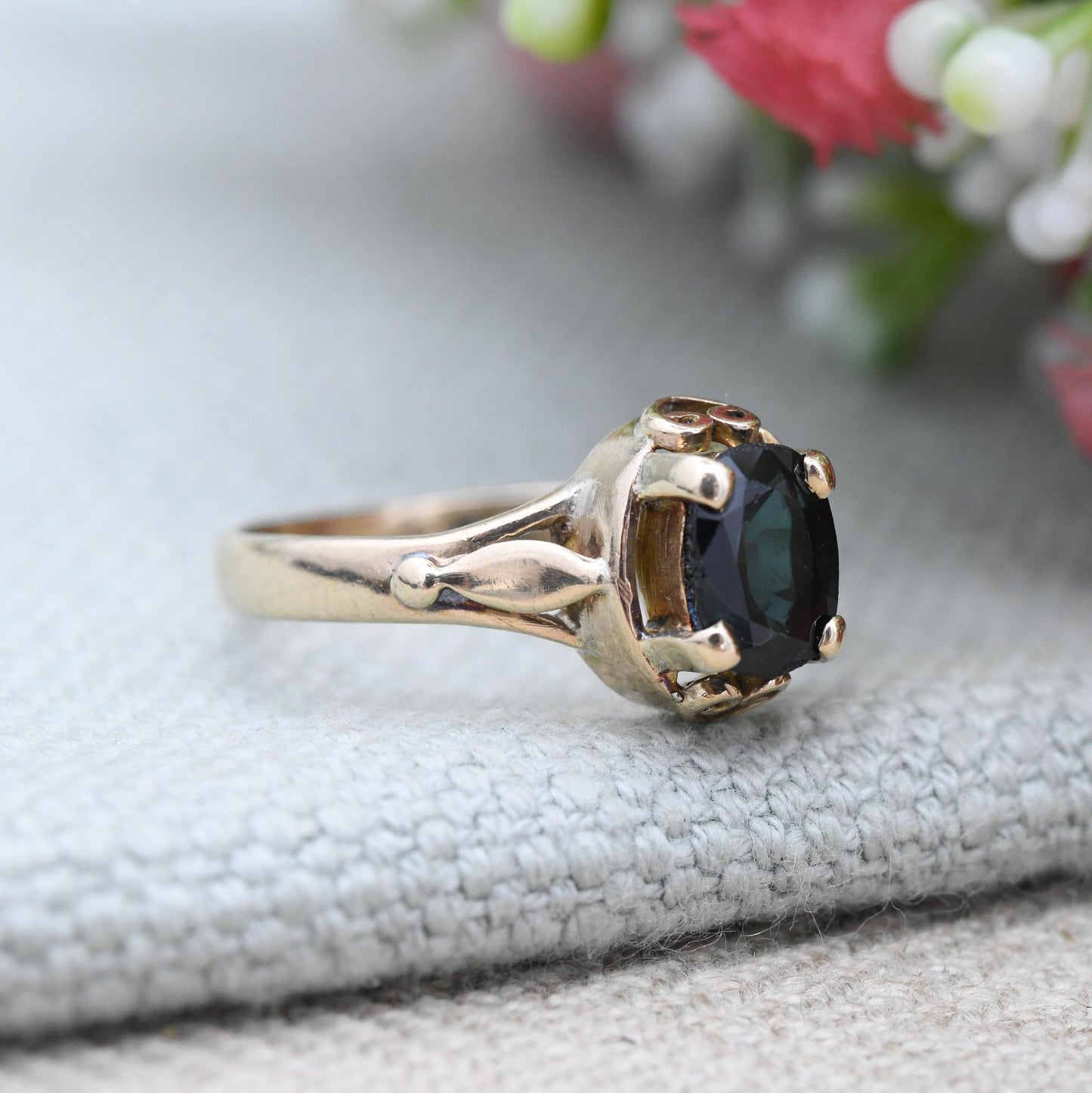 Vintage 14ct Gold Sapphire Solitaire Ring - Teal Blue Green Gemstone | Heart Gallery | Jewellery Gift | UK Size - O 1/2 | US Size - 7 1/2