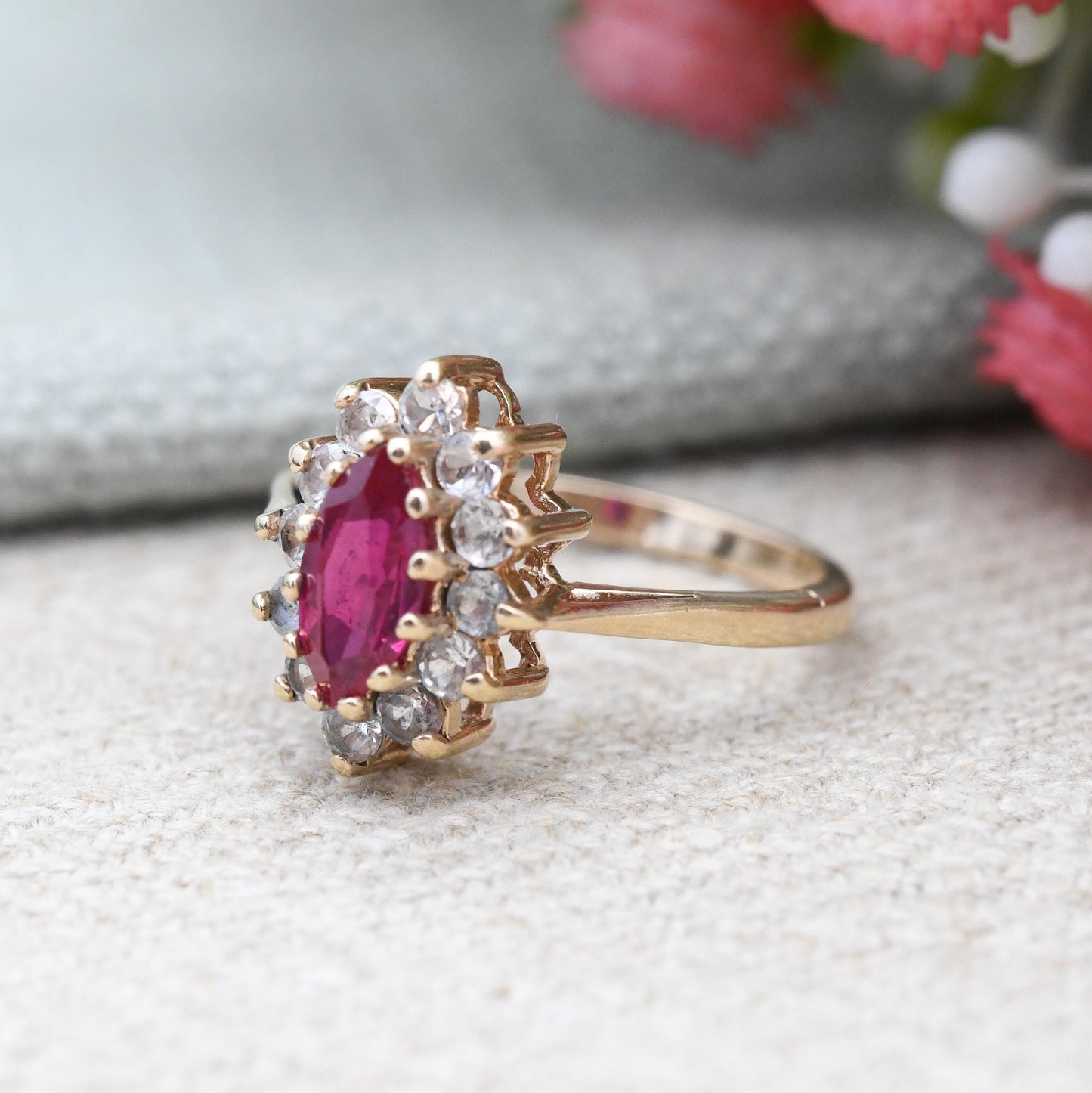 Vintage 9ct Gold Ruby Halo Ring 1971 Marquise Cut - Pointed Oval Shape | Clear Stones | Gold Jewellery | UK Size - K 1/2 | US Size - 5 1/2