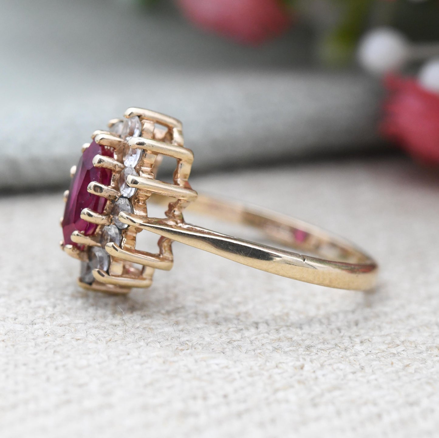 Vintage 9ct Gold Ruby Halo Ring 1971 Marquise Cut - Pointed Oval Shape | Clear Stones | Gold Jewellery | UK Size - K 1/2 | US Size - 5 1/2
