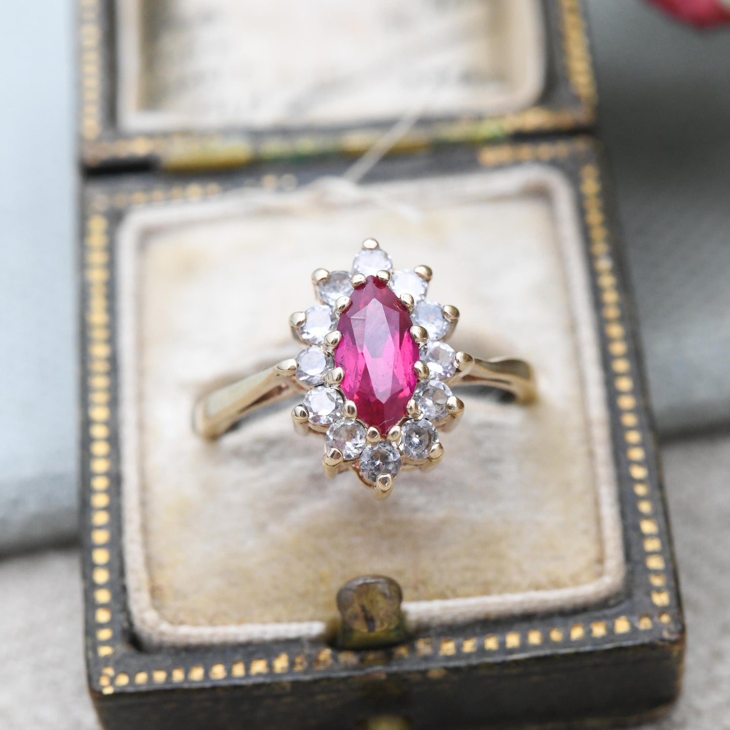 Vintage 9ct Gold Ruby Halo Ring 1971 Marquise Cut - Pointed Oval Shape | Clear Stones | Gold Jewellery | UK Size - K 1/2 | US Size - 5 1/2