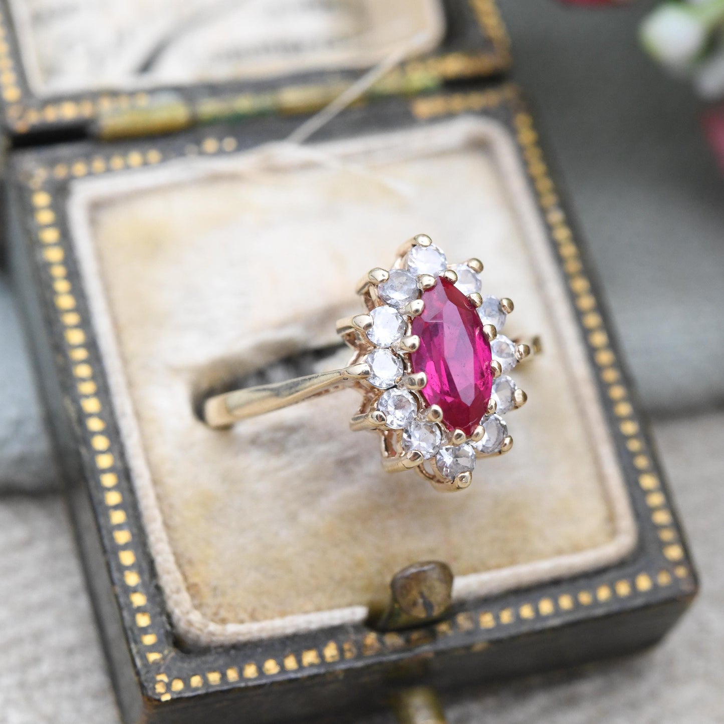 Vintage 9ct Gold Ruby Halo Ring 1971 Marquise Cut - Pointed Oval Shape | Clear Stones | Gold Jewellery | UK Size - K 1/2 | US Size - 5 1/2