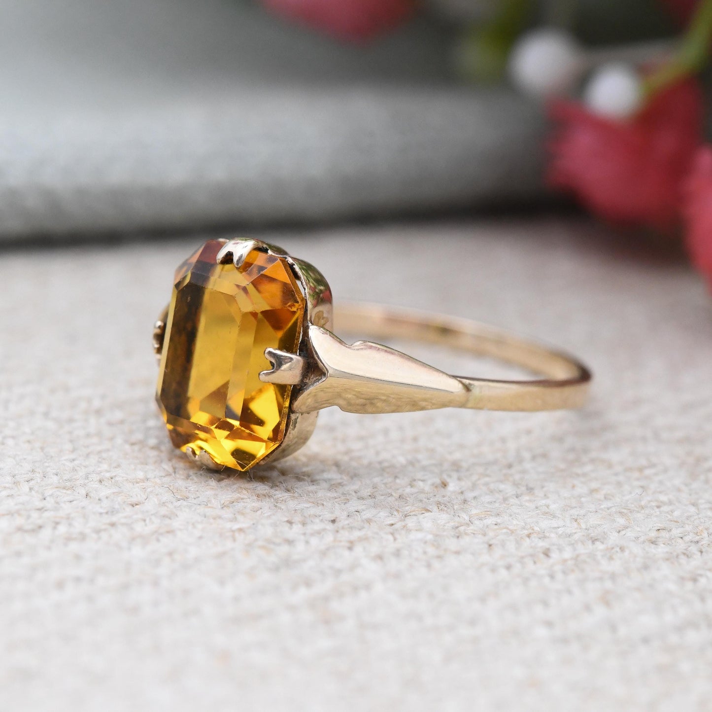 Vintage 9ct Gold Ring with Orange Paste Stone - Cocktail Dress Ring Big Rectangle Glass Stone Pretty Gift | UK Size - O 1/2 US Size - 7 1/2