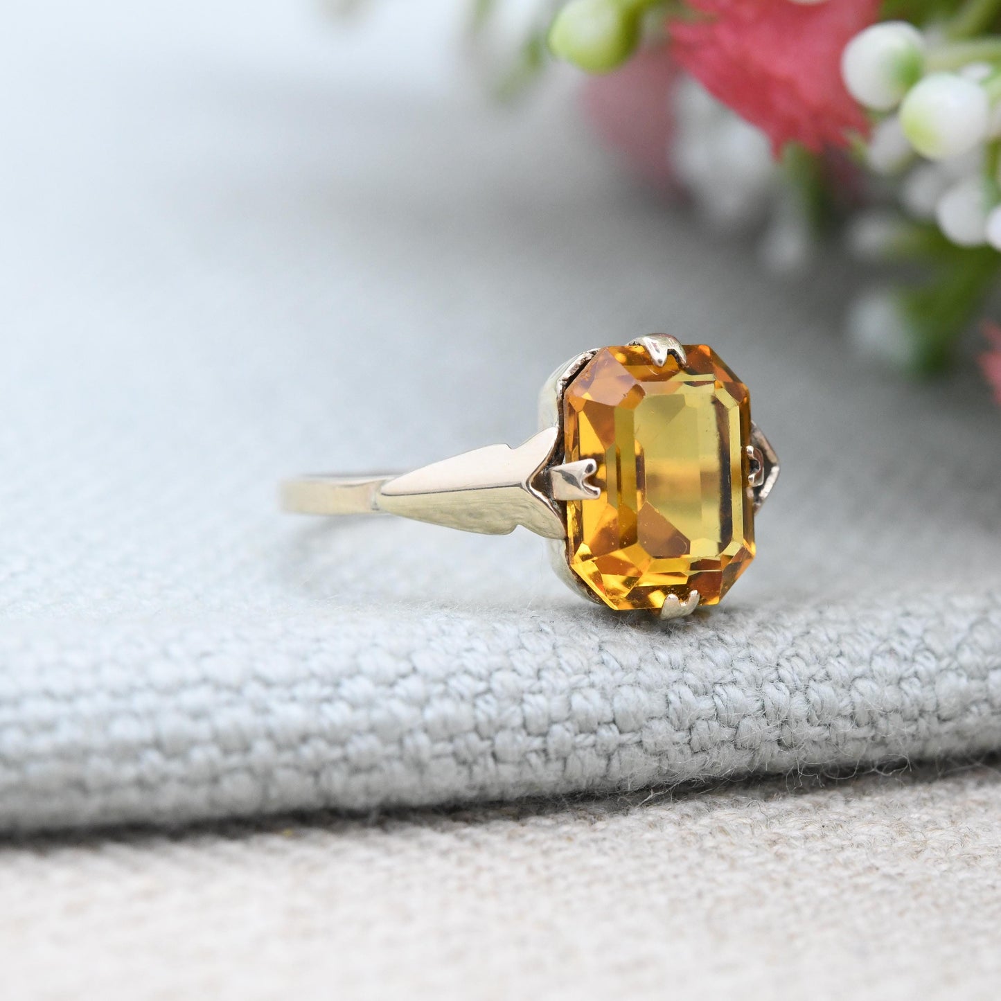 Vintage 9ct Gold Ring with Orange Paste Stone - Cocktail Dress Ring Big Rectangle Glass Stone Pretty Gift | UK Size - O 1/2 US Size - 7 1/2
