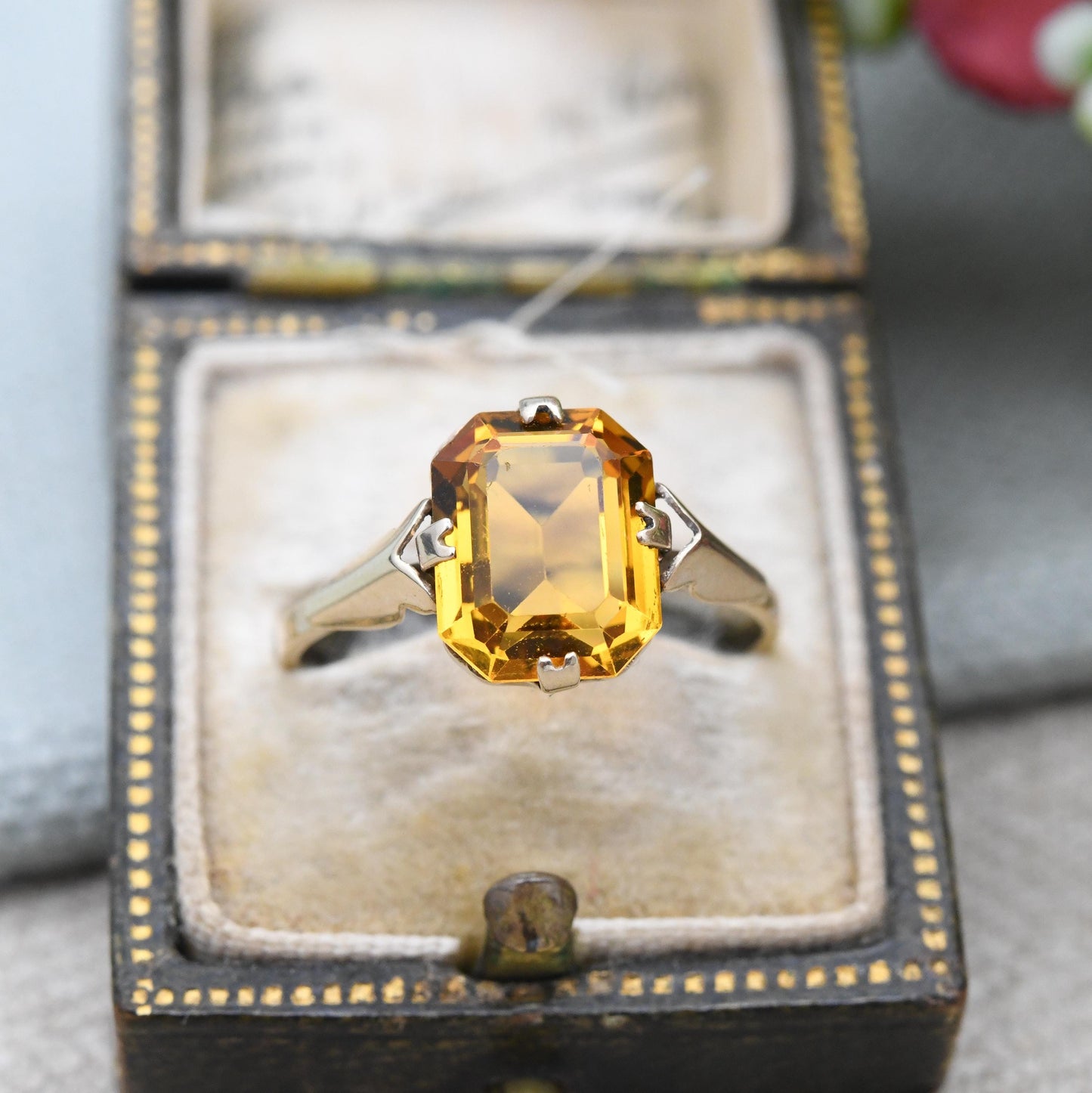 Vintage 9ct Gold Ring with Orange Paste Stone - Cocktail Dress Ring Big Rectangle Glass Stone Pretty Gift | UK Size - O 1/2 US Size - 7 1/2