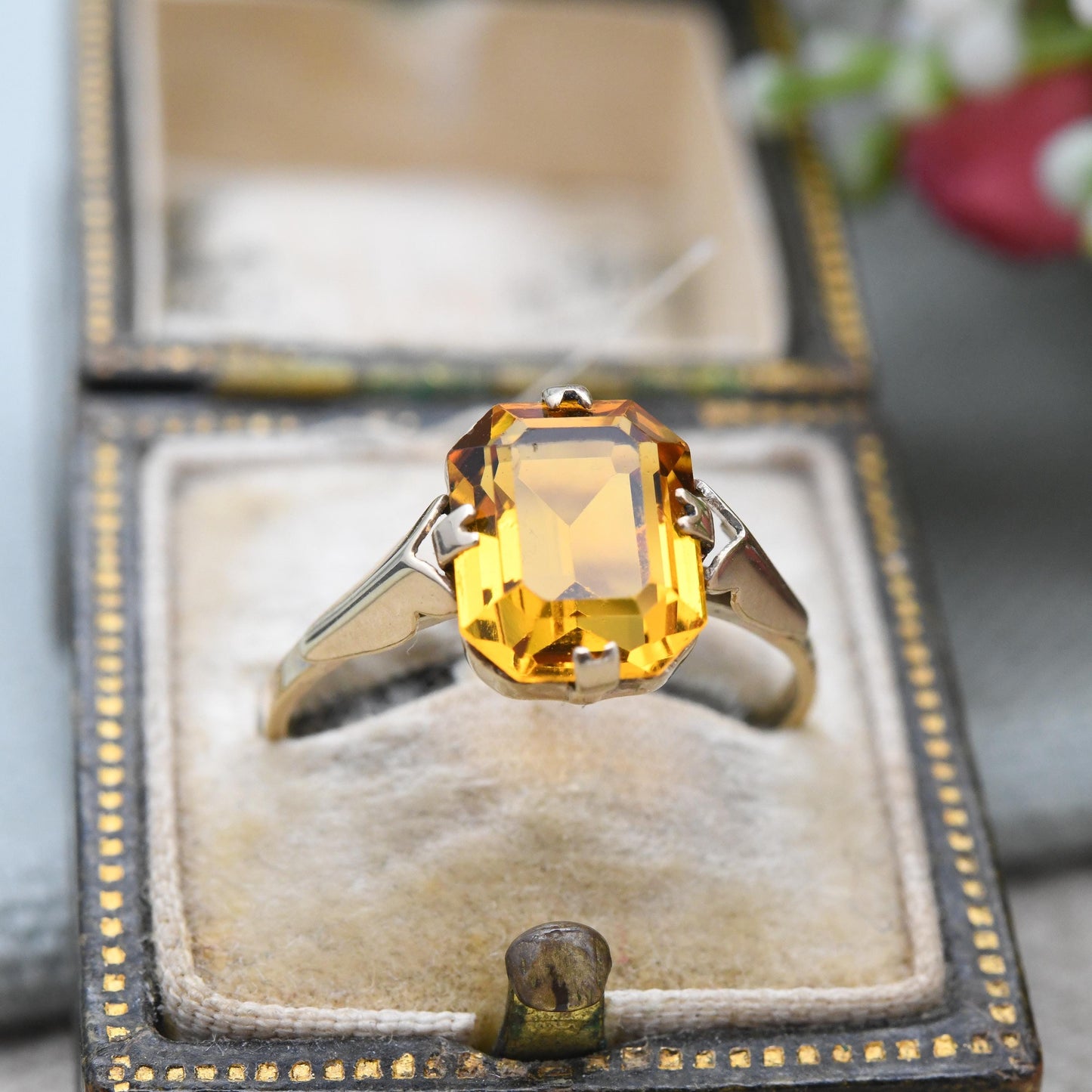 Vintage 9ct Gold Ring with Orange Paste Stone - Cocktail Dress Ring Big Rectangle Glass Stone Pretty Gift | UK Size - O 1/2 US Size - 7 1/2