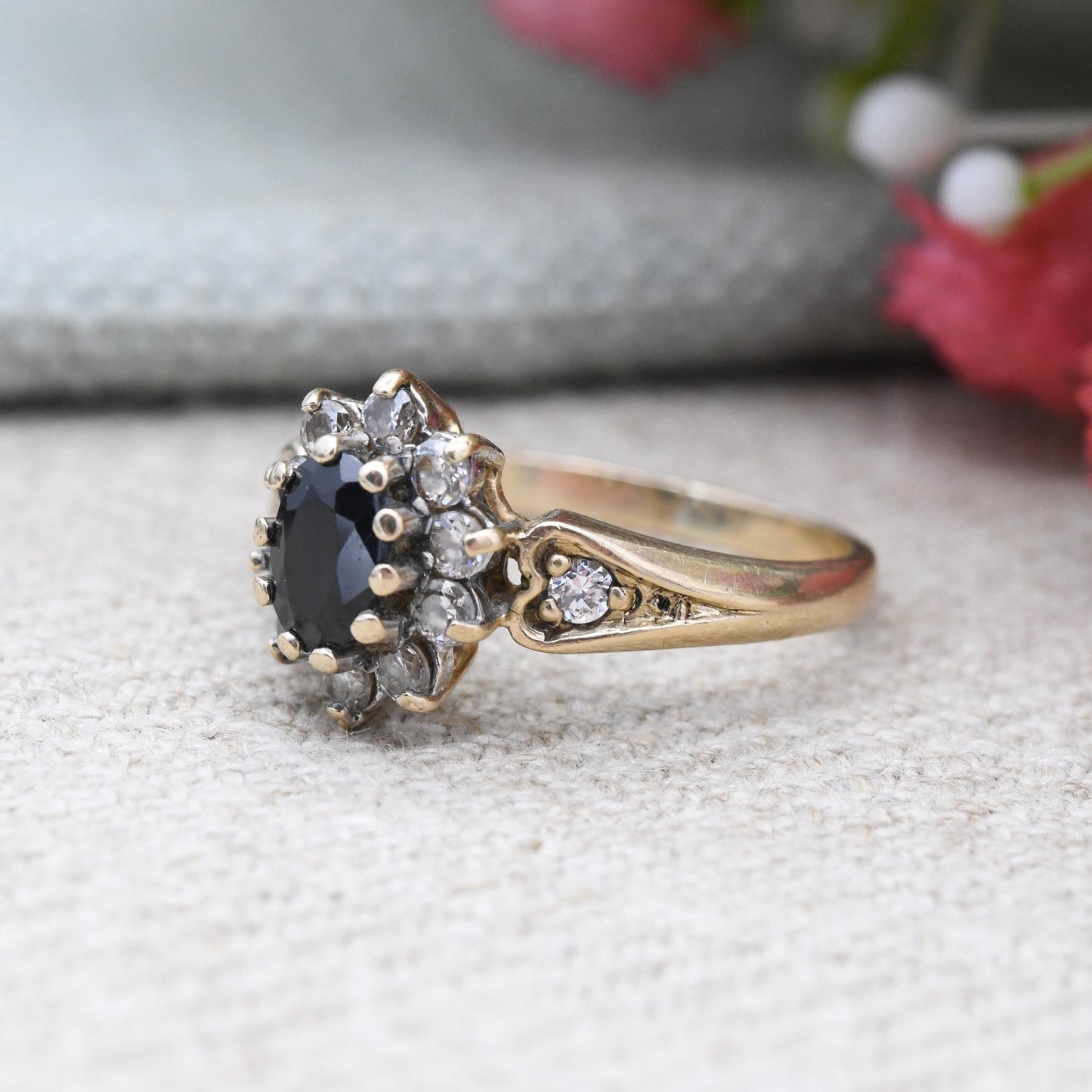 Vintage 9ct Gold Sapphire and CZ Halo Cluster Ring with Heart Shoulders 1993 - Blue Clear Stone Cocktail | UK Size - K 1/2 | US Size - 5 1/2