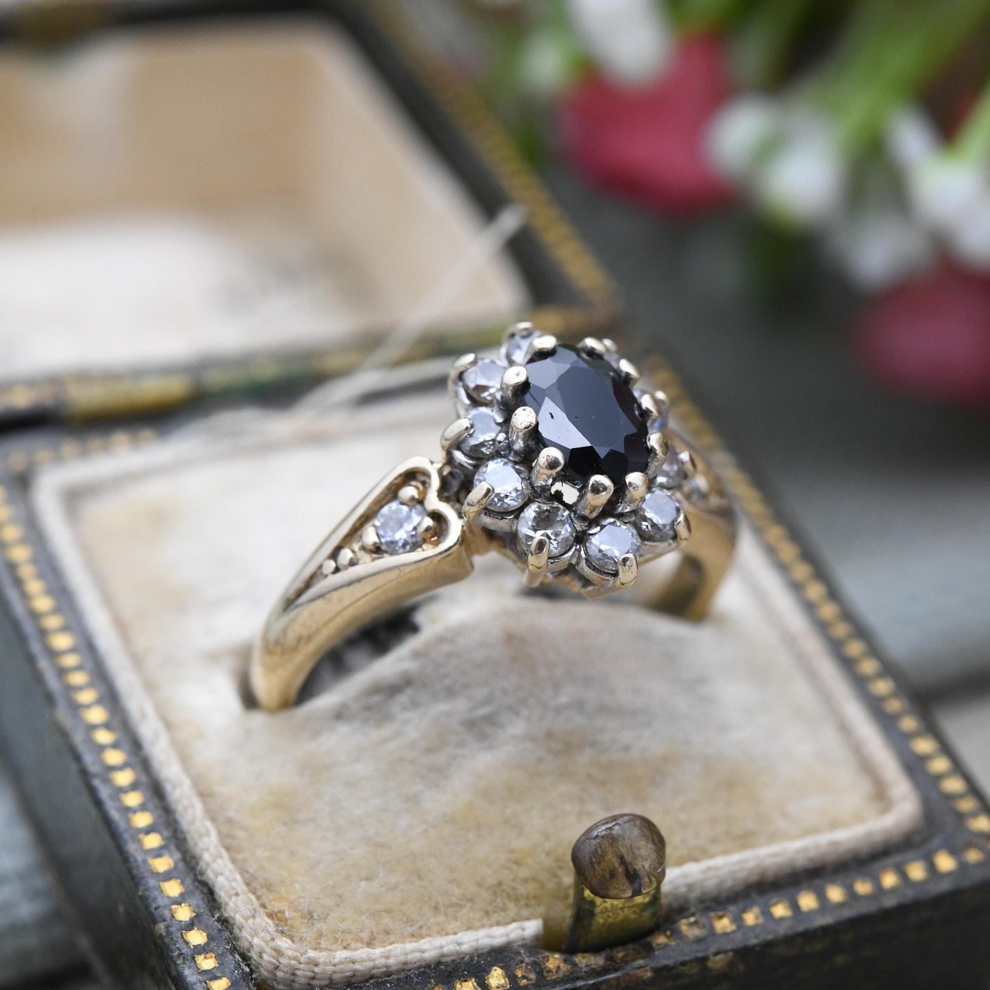 Vintage 9ct Gold Sapphire and CZ Halo Cluster Ring with Heart Shoulders 1993 - Blue Clear Stone Cocktail | UK Size - K 1/2 | US Size - 5 1/2