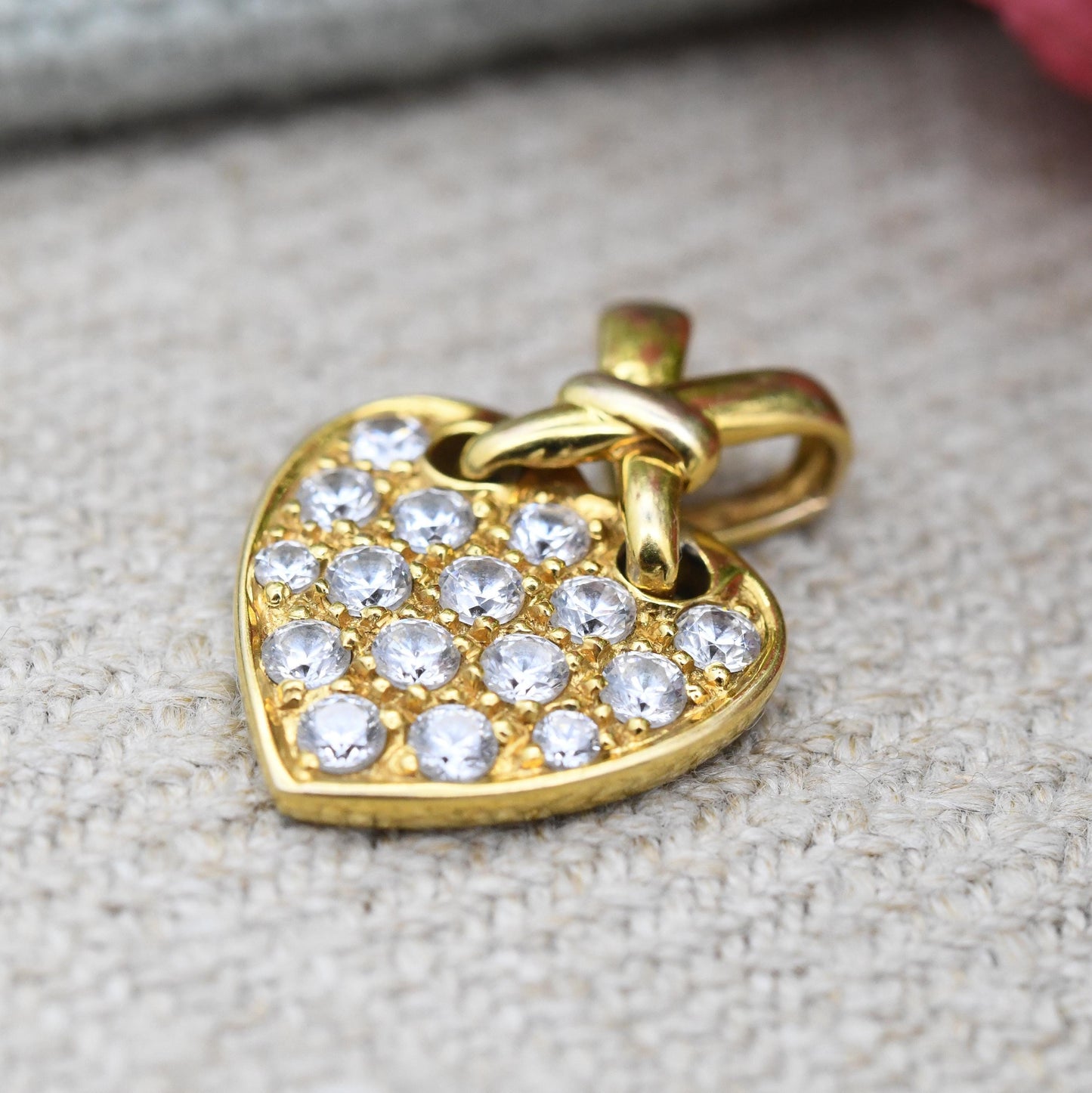 Vintage 9ct Gold Heart Pendant with Clear Stones CZ - Knotted Bale Love Heart Charm Gift for Her Necklace Stack | Yellow Gold Symbol