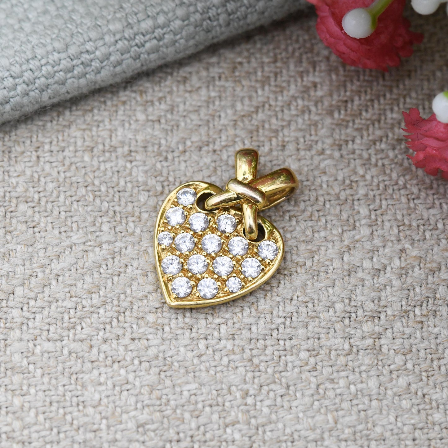 Vintage 9ct Gold Heart Pendant with Clear Stones CZ - Knotted Bale Love Heart Charm Gift for Her Necklace Stack | Yellow Gold Symbol