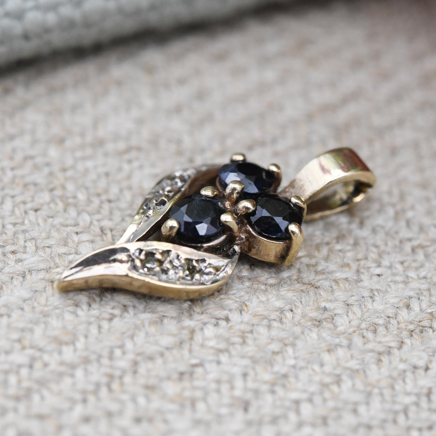 Vintage 9ct Gold Sapphire and Diamond Pendant Floral Leaf Design 1985 - Mid-Century Miniature Gemstone Charm | Berries Flower Plant Theme