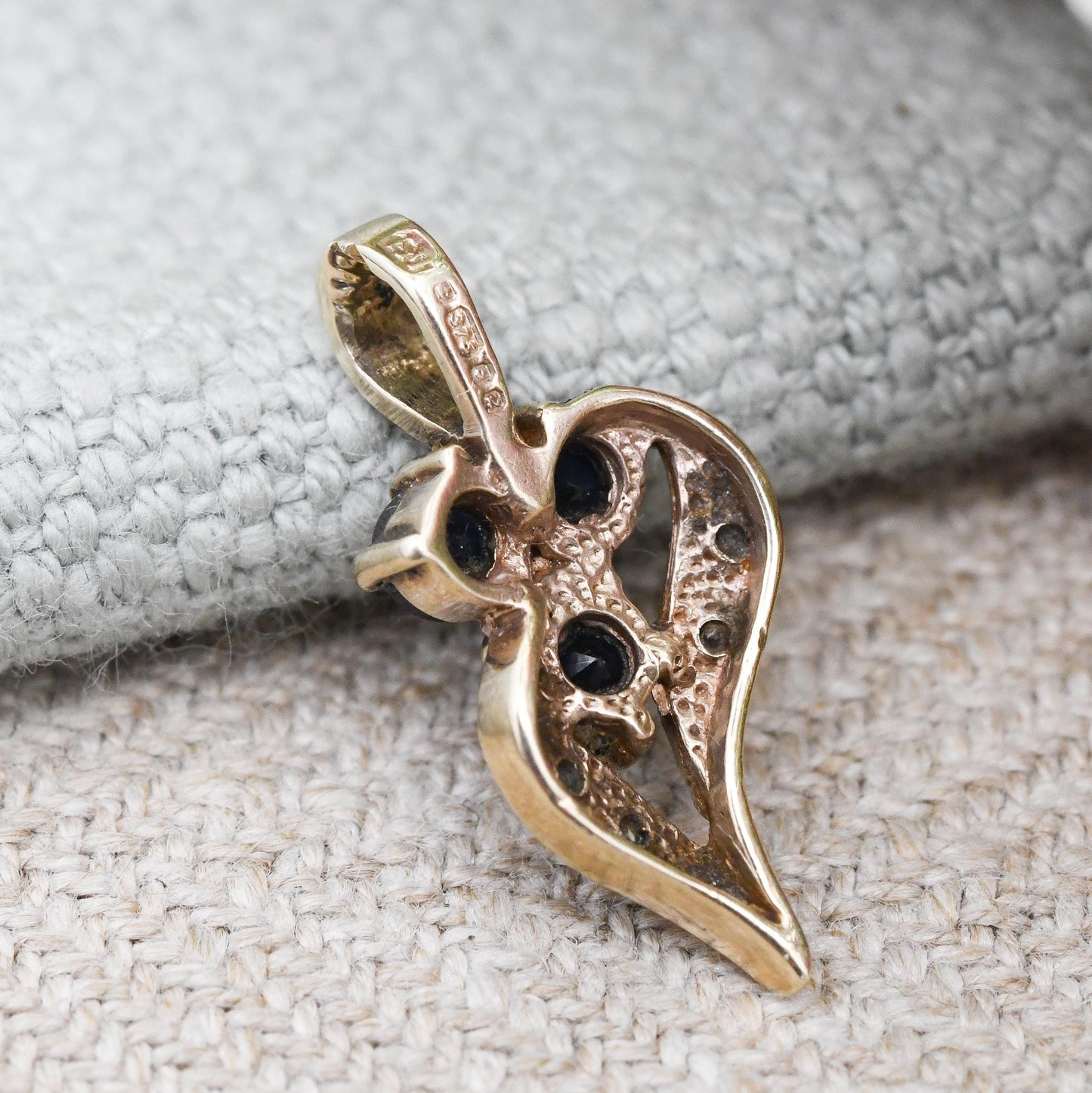 Vintage 9ct Gold Sapphire and Diamond Pendant Floral Leaf Design 1985 - Mid-Century Miniature Gemstone Charm | Berries Flower Plant Theme