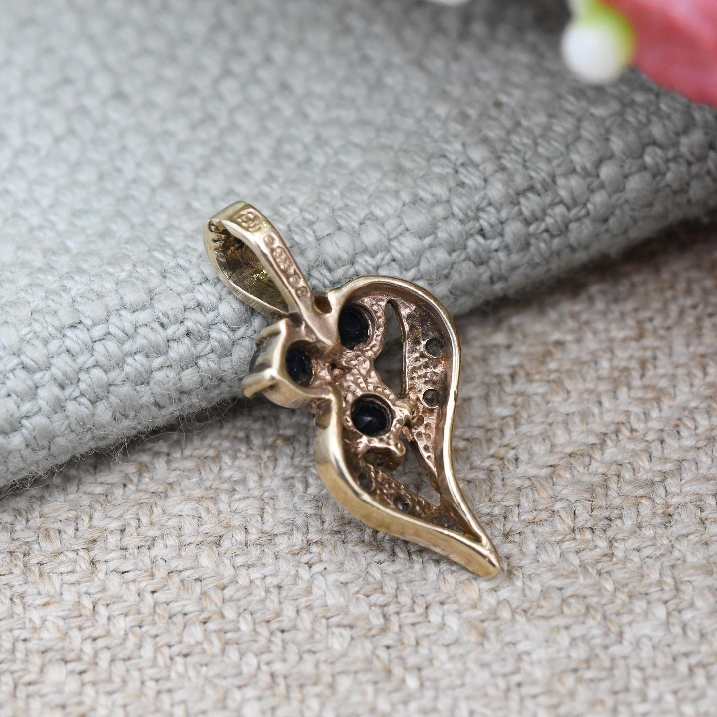 Vintage 9ct Gold Sapphire and Diamond Pendant Floral Leaf Design 1985 - Mid-Century Miniature Gemstone Charm | Berries Flower Plant Theme