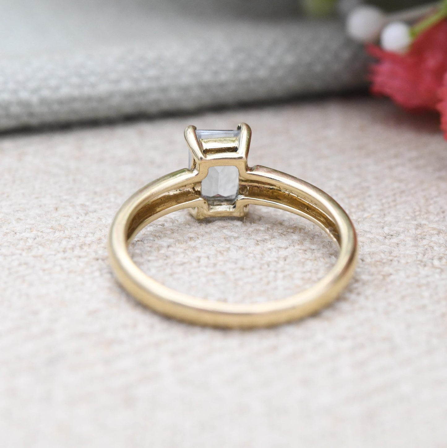 9ct Gold Aquamarine Solitaire Ring Emerald Cut 2002 QVC - Large Prong Blue Single Stone Cocktail Ring | UK Size - M | US Size - 6 1/4