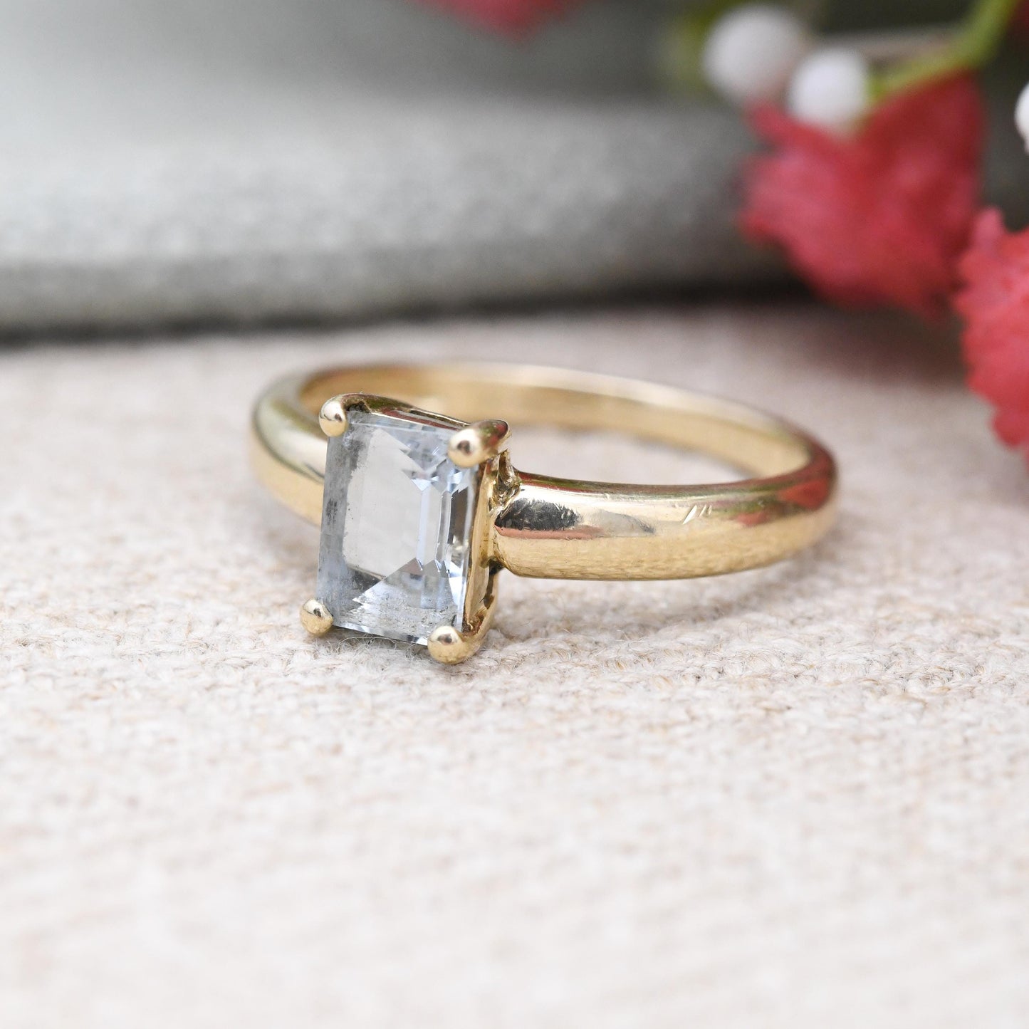 9ct Gold Aquamarine Solitaire Ring Emerald Cut 2002 QVC - Large Prong Blue Single Stone Cocktail Ring | UK Size - M | US Size - 6 1/4