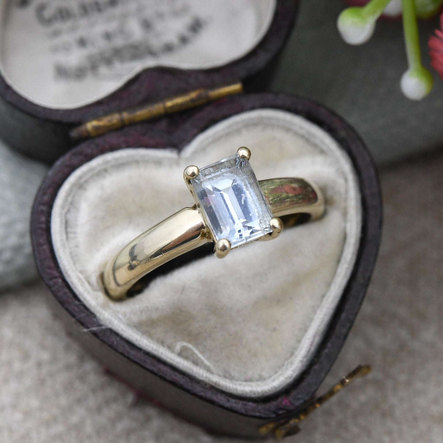 9ct Gold Aquamarine Solitaire Ring Emerald Cut 2002 QVC - Large Prong Blue Single Stone Cocktail Ring | UK Size - M | US Size - 6 1/4