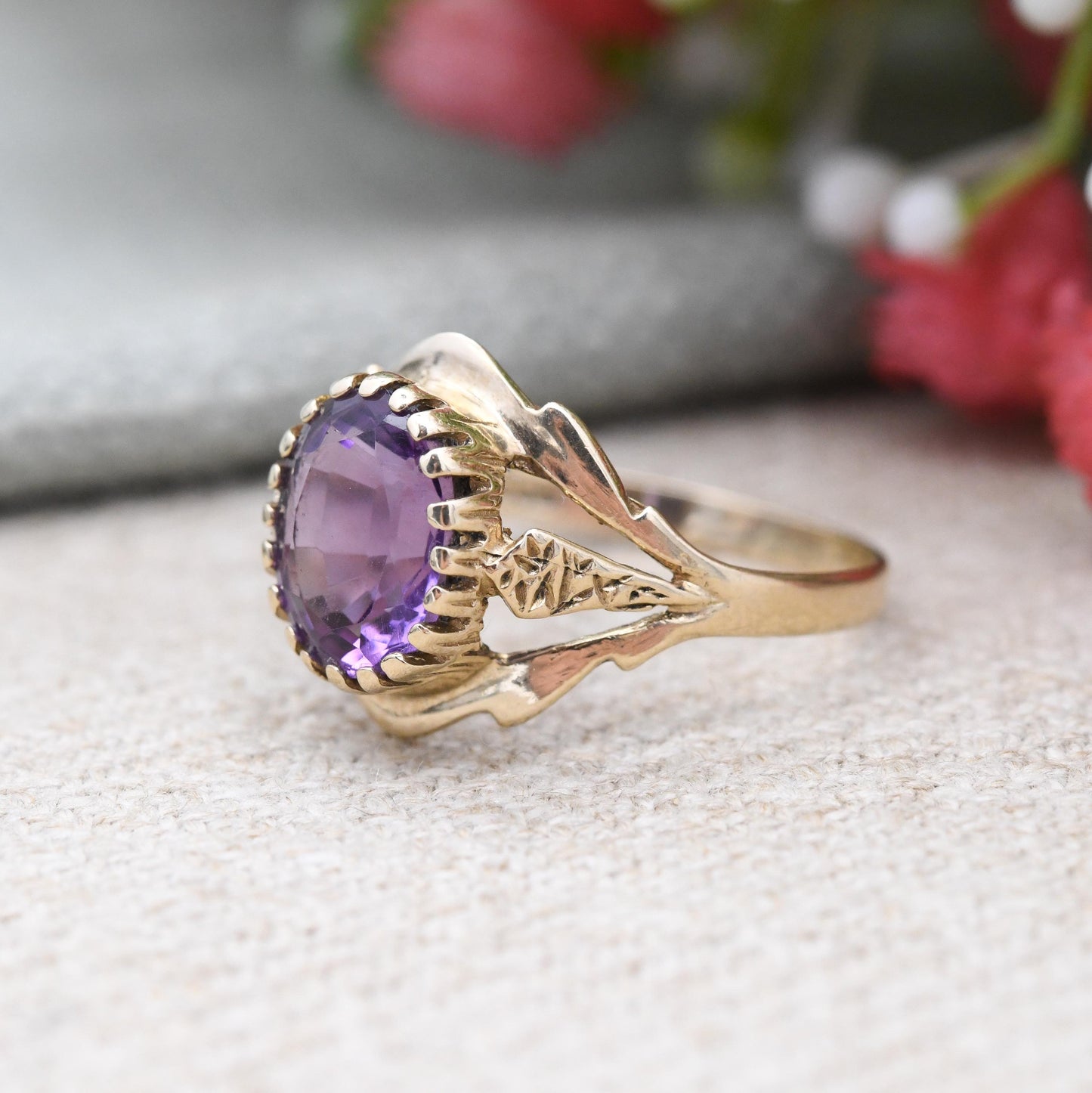 Vintage 9ct Gold Amethyst Ring 1990 - Statement Large Purple Faceted Gemstone Solitaire | Pretty Gift for Her | UK Size P | US Size 7 3/4