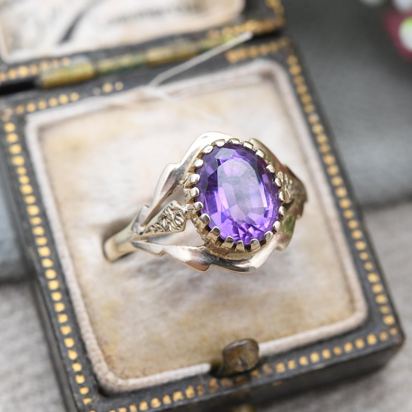 Vintage 9ct Gold Amethyst Ring 1990 - Statement Large Purple Faceted Gemstone Solitaire | Pretty Gift for Her | UK Size P | US Size 7 3/4