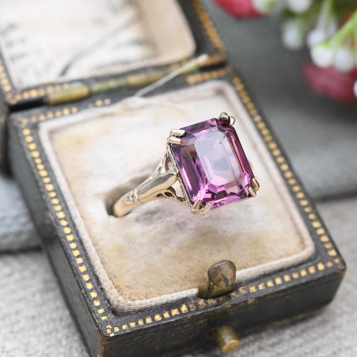 Vintage 9ct Gold Purple Paste Ring 1977 - Mid-Century Large Faceted Stone Solitaire | Pretty Gift for Her | UK Size - K | US Size - 5 1/4