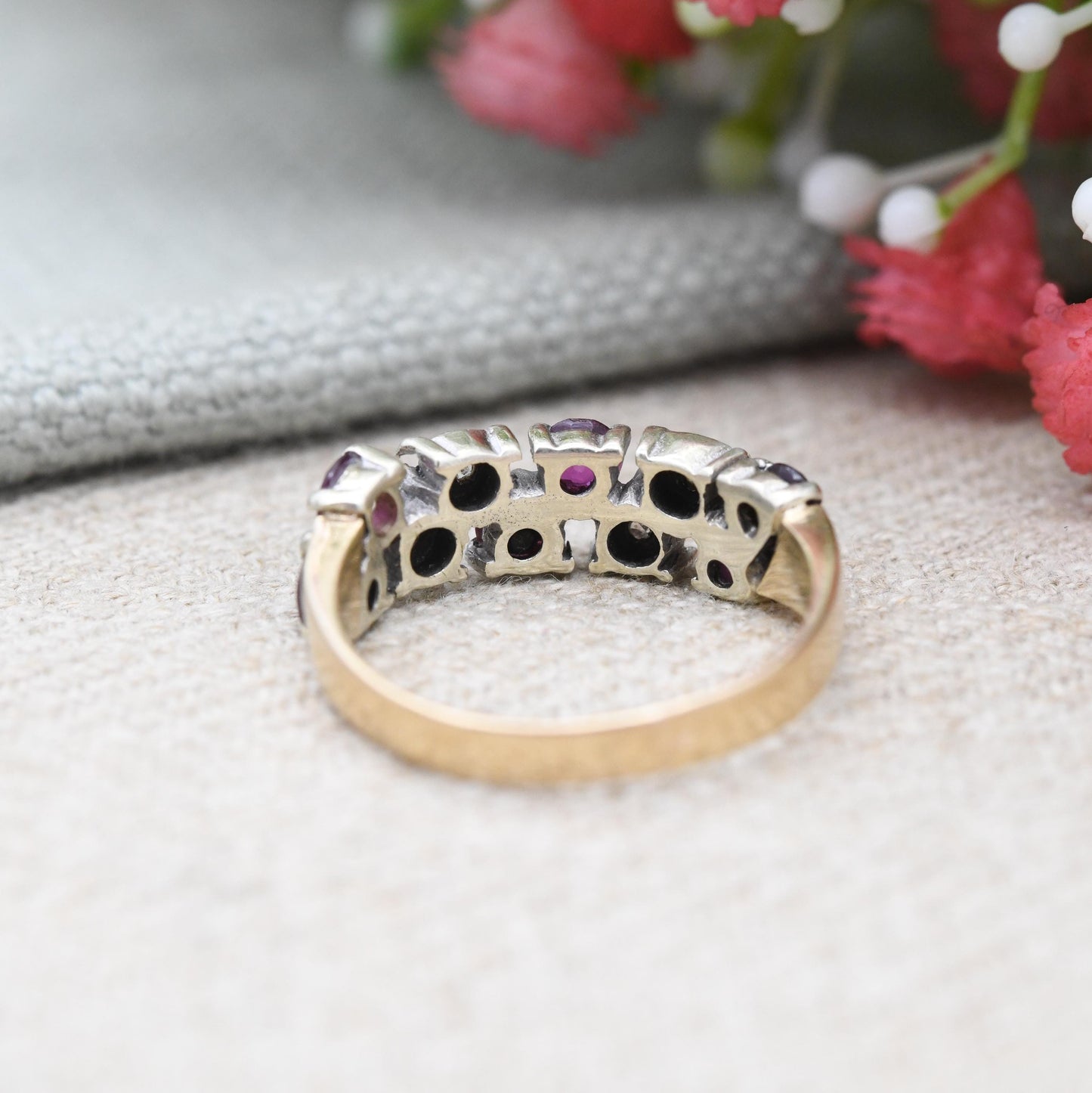 Vintage 9ct Gold Half Eternity Ruby and Diamond Ring 1978 2 Row - Red and Clear Gemstone Half Hoop Band Ring | UK Size - P | US Size - 7 1/2