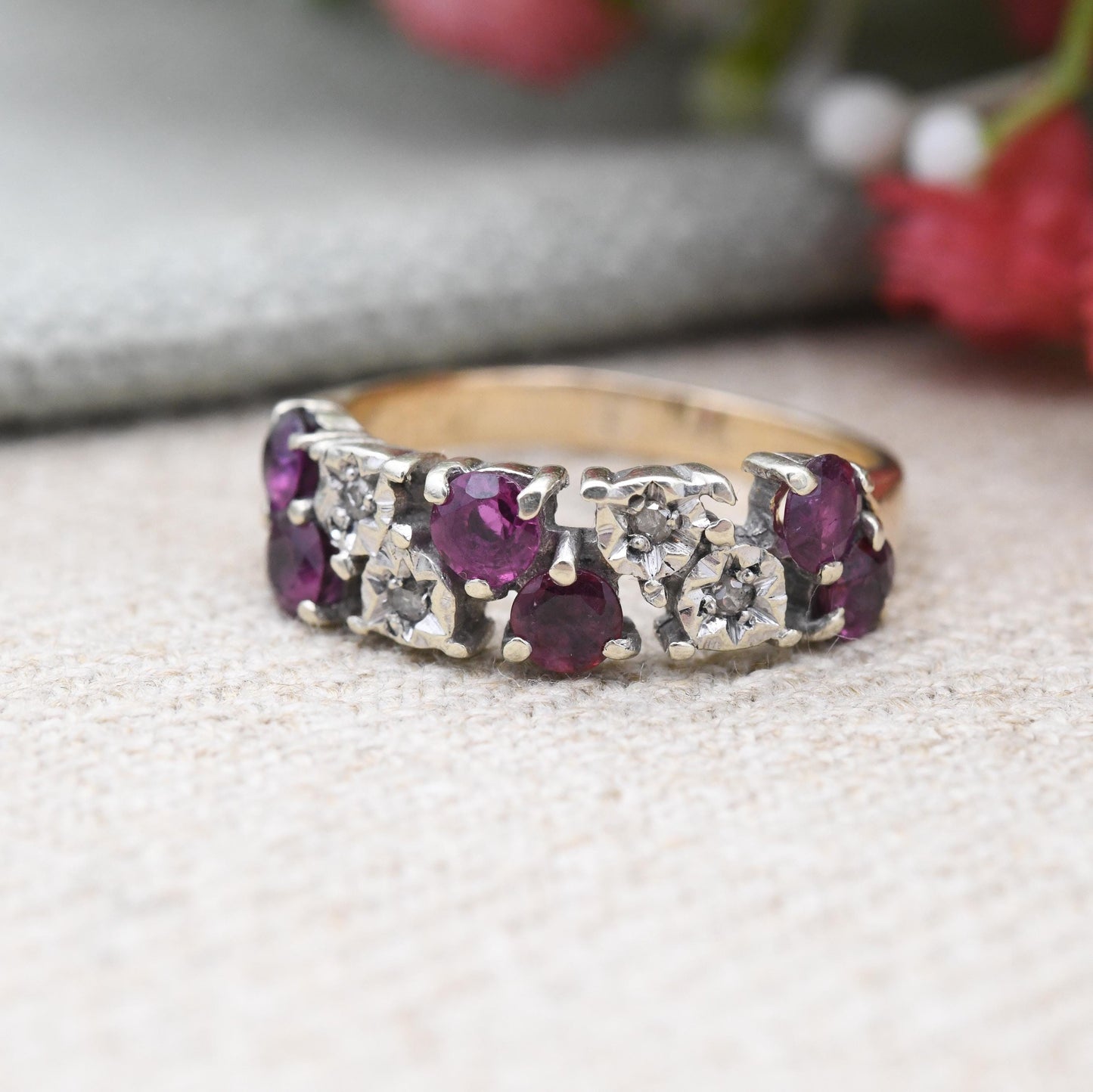 Vintage 9ct Gold Half Eternity Ruby and Diamond Ring 1978 2 Row - Red and Clear Gemstone Half Hoop Band Ring | UK Size - P | US Size - 7 1/2