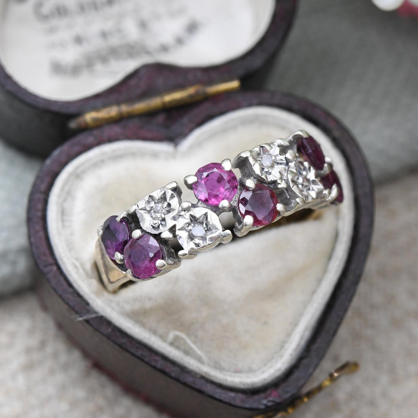 Vintage 9ct Gold Half Eternity Ruby and Diamond Ring 1978 2 Row - Red and Clear Gemstone Half Hoop Band Ring | UK Size - P | US Size - 7 1/2