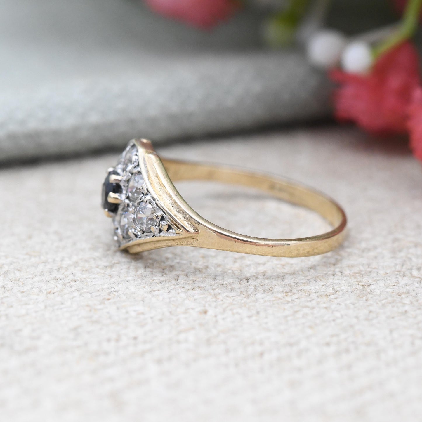 Vintage 9ct Gold Sapphire Eye Cluster Ring 1991 with White Stones - Unusual Blue Clear Stones Evil Eye Shape | UK Size - N | US Size - 6 1/2