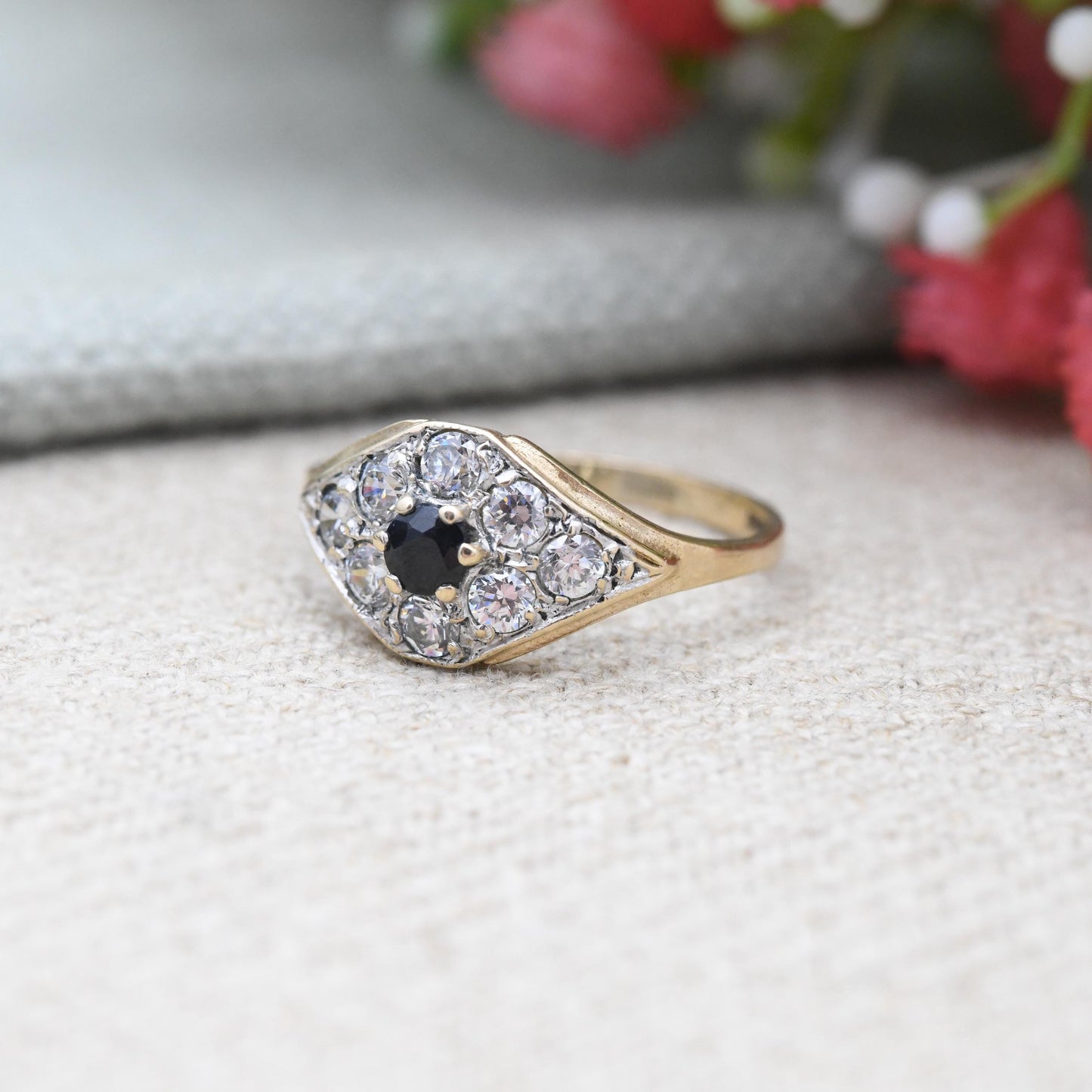 Vintage 9ct Gold Sapphire Eye Cluster Ring 1991 with White Stones - Unusual Blue Clear Stones Evil Eye Shape | UK Size - N | US Size - 6 1/2
