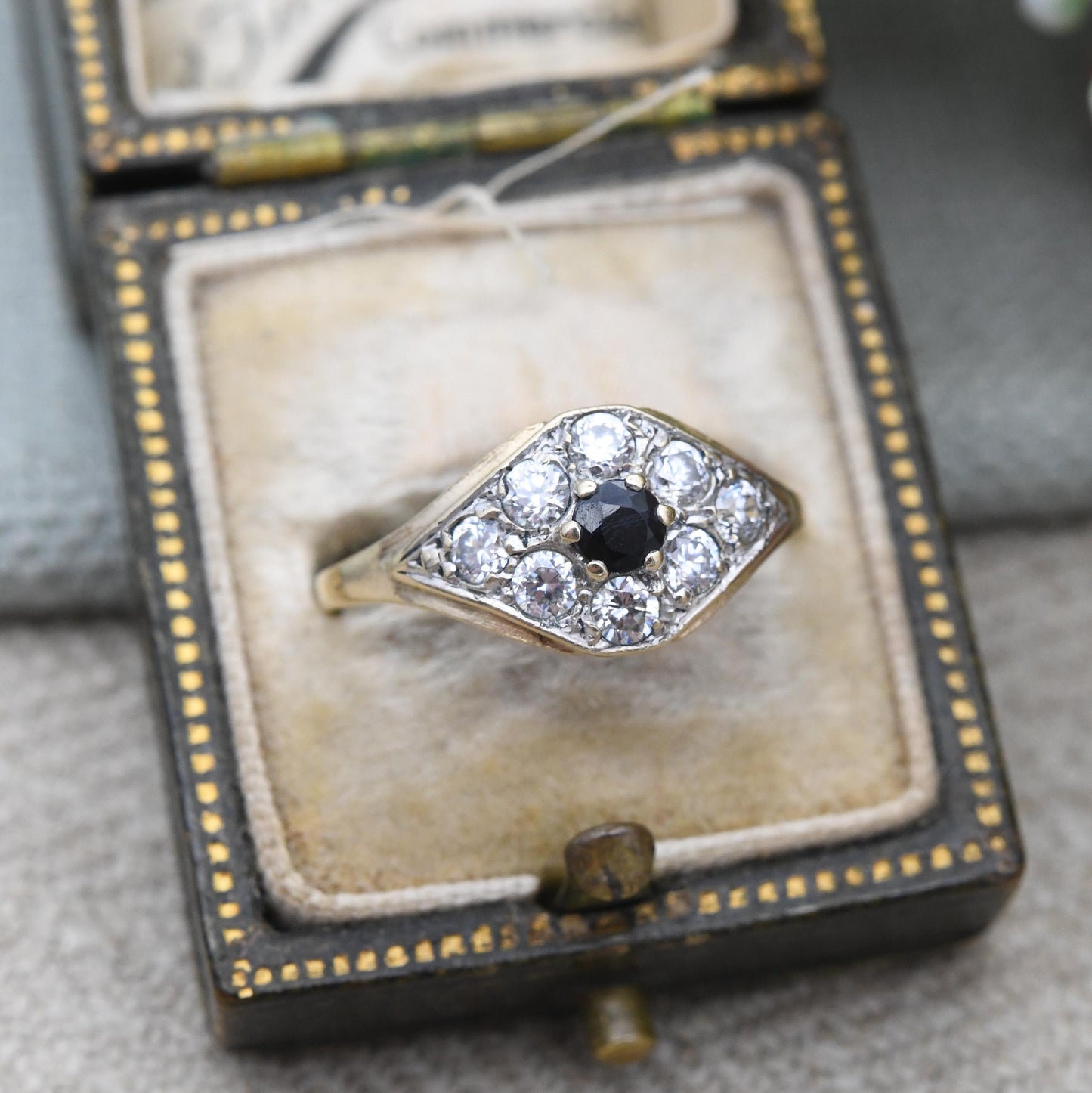 Vintage 9ct Gold Sapphire Eye Cluster Ring 1991 with White Stones - Unusual Blue Clear Stones Evil Eye Shape | UK Size - N | US Size - 6 1/2