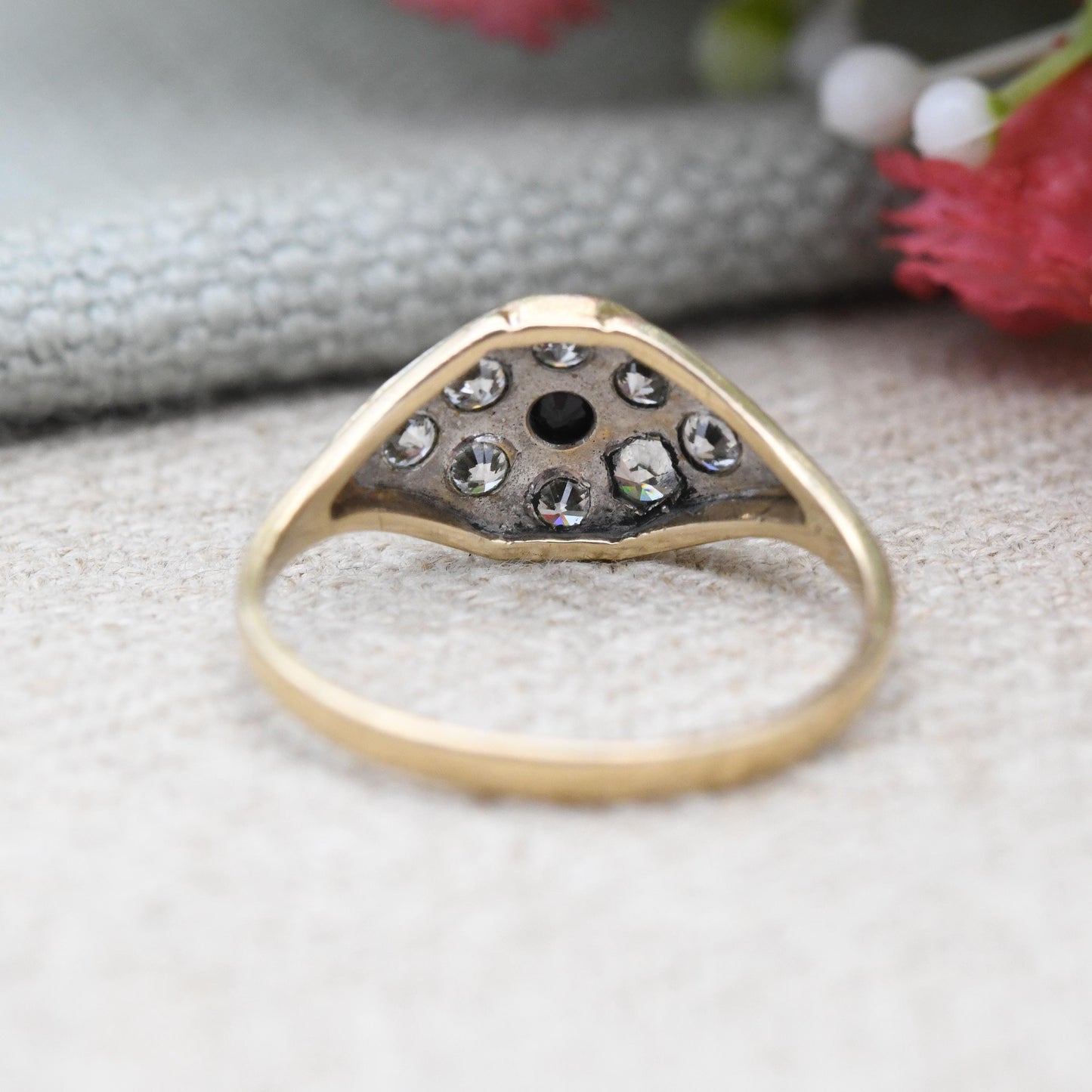 Vintage 9ct Gold Sapphire Eye Cluster Ring 1991 with White Stones - Unusual Blue Clear Stones Evil Eye Shape | UK Size - N | US Size - 6 1/2
