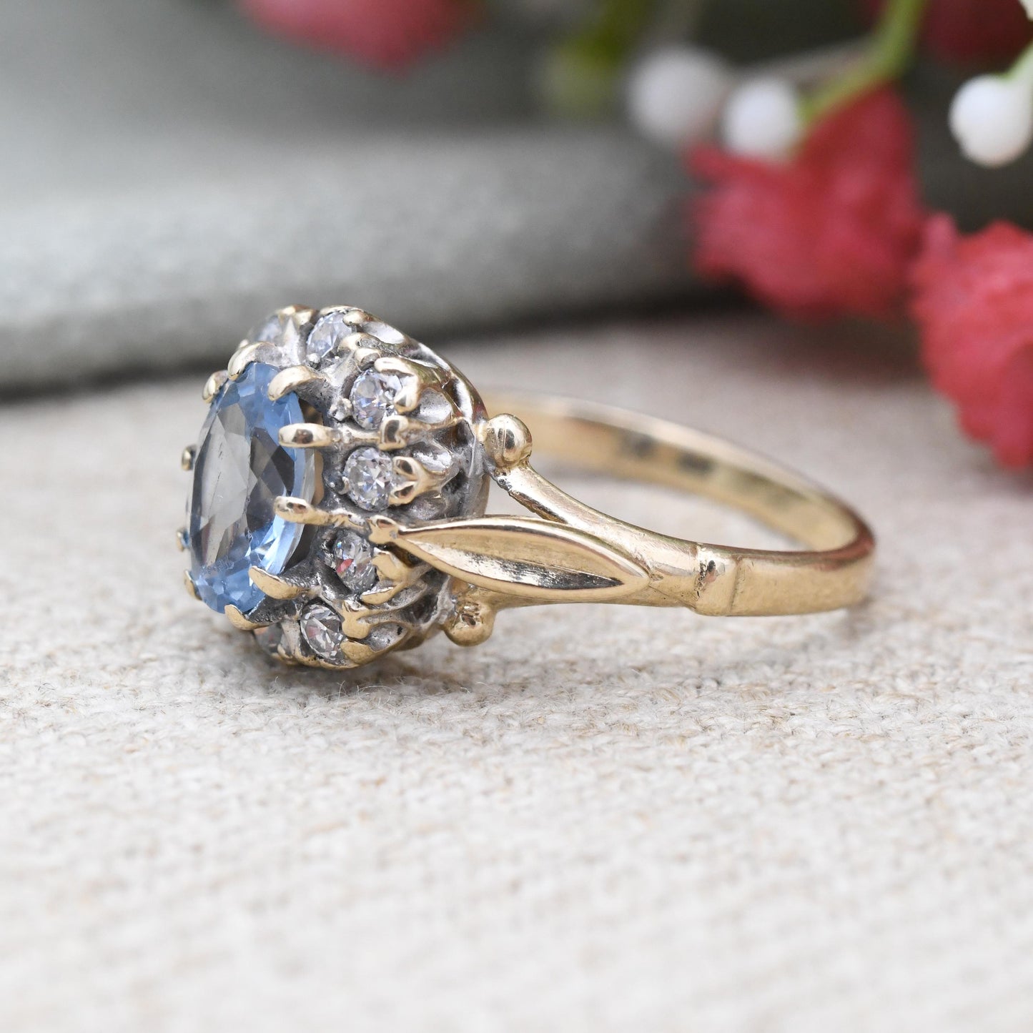 Vintage 9ct Gold Halo Ring Blue and Clear Stones - Pretty Square Halo Cocktail Ring | Jewellery Gift for Her | UK Size - N | US Size - 6 1/2