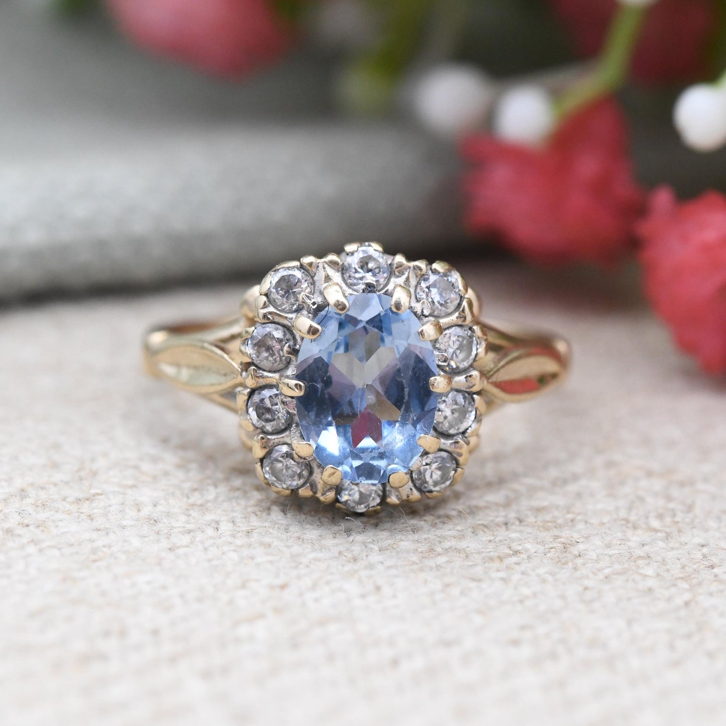 Vintage 9ct Gold Halo Ring Blue and Clear Stones - Pretty Square Halo Cocktail Ring | Jewellery Gift for Her | UK Size - N | US Size - 6 1/2
