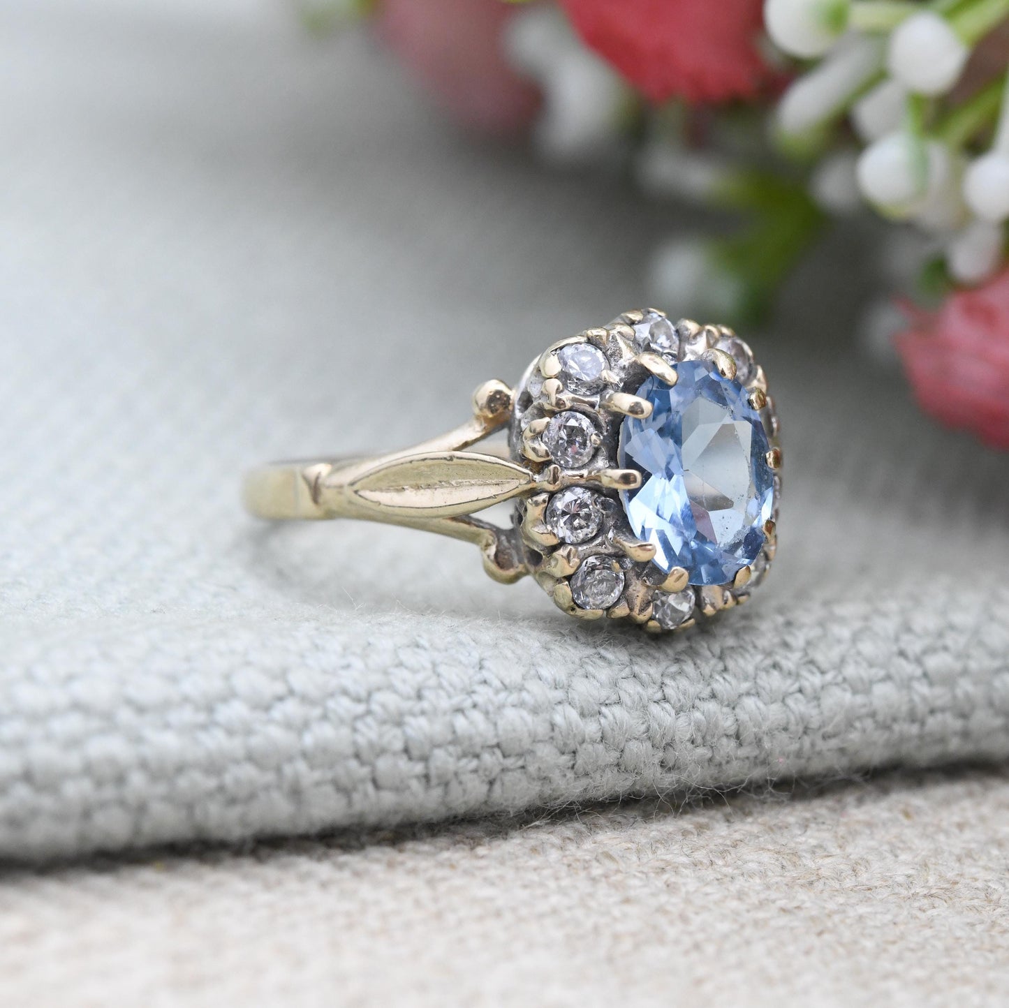 Vintage 9ct Gold Halo Ring Blue and Clear Stones - Pretty Square Halo Cocktail Ring | Jewellery Gift for Her | UK Size - N | US Size - 6 1/2